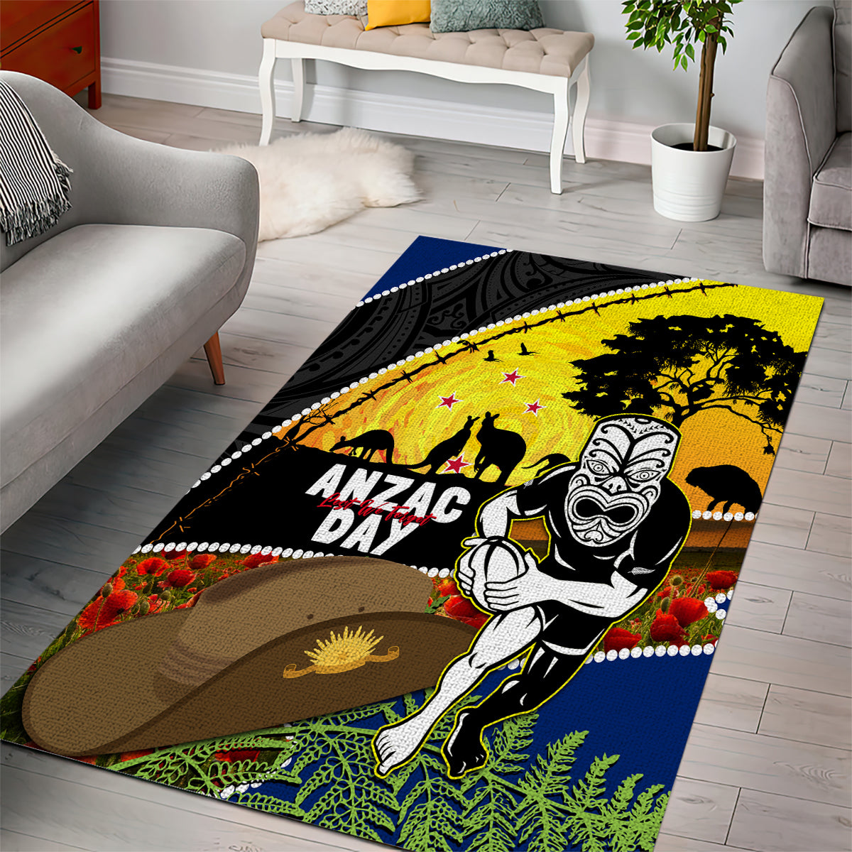 Warriors Rugby ANZAC Day Area Rug New Zealand Wahs Tiki Mascot Rosemary Starry Night - Vibe Hoodie Shop