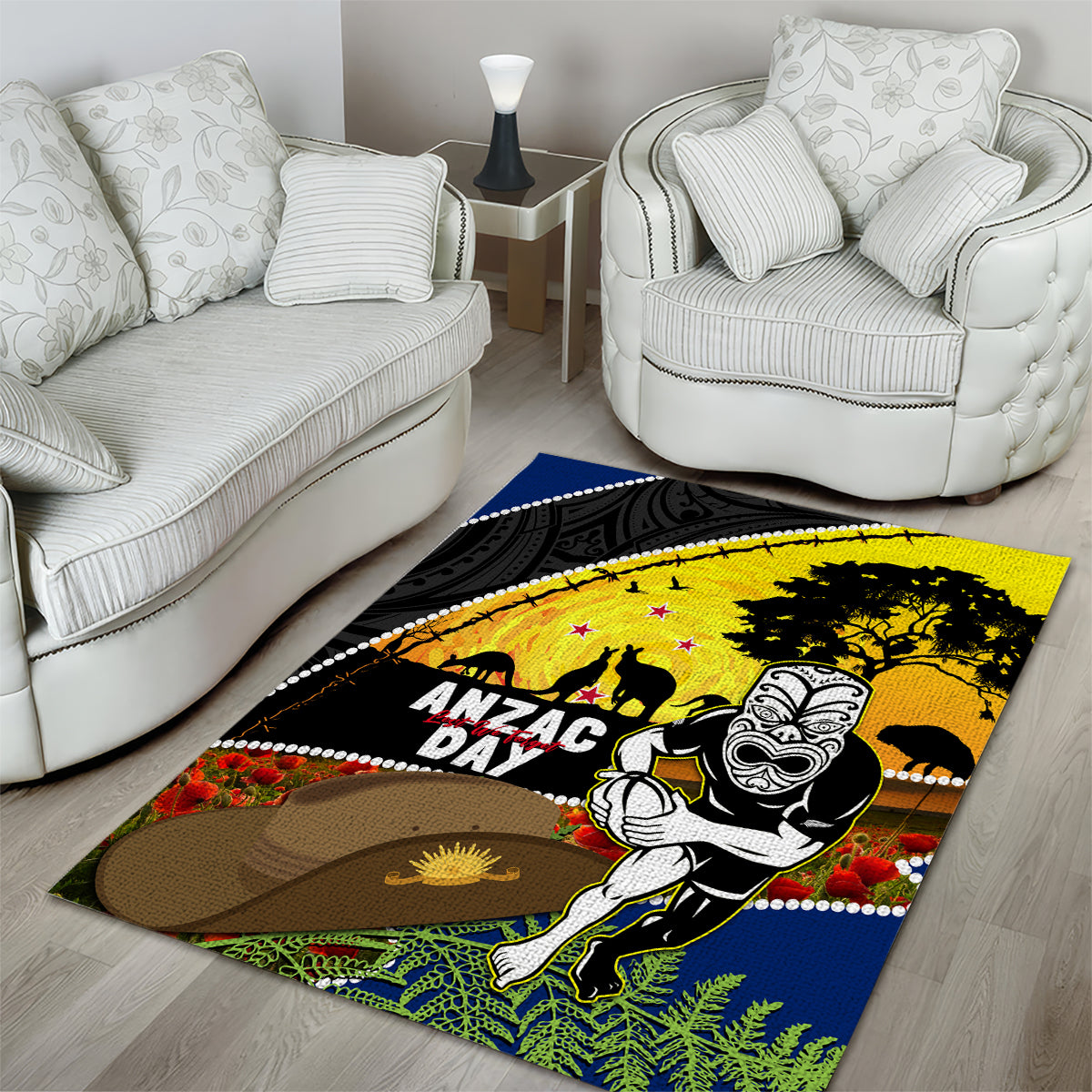 Warriors Rugby ANZAC Day Area Rug New Zealand Wahs Tiki Mascot Rosemary Starry Night - Vibe Hoodie Shop