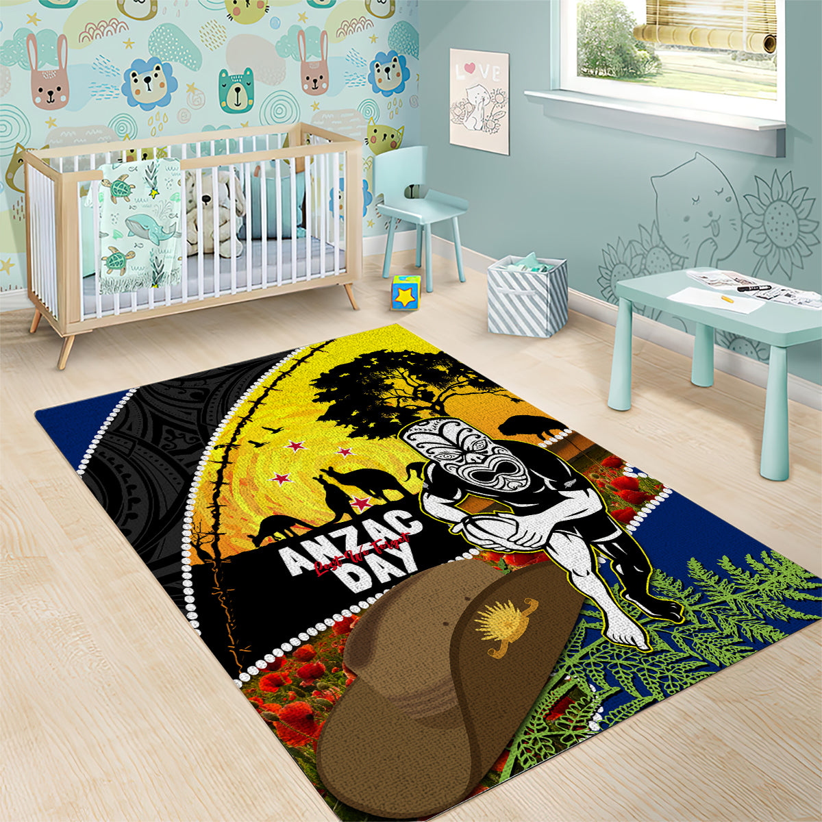 Warriors Rugby ANZAC Day Area Rug New Zealand Wahs Tiki Mascot Rosemary Starry Night - Vibe Hoodie Shop