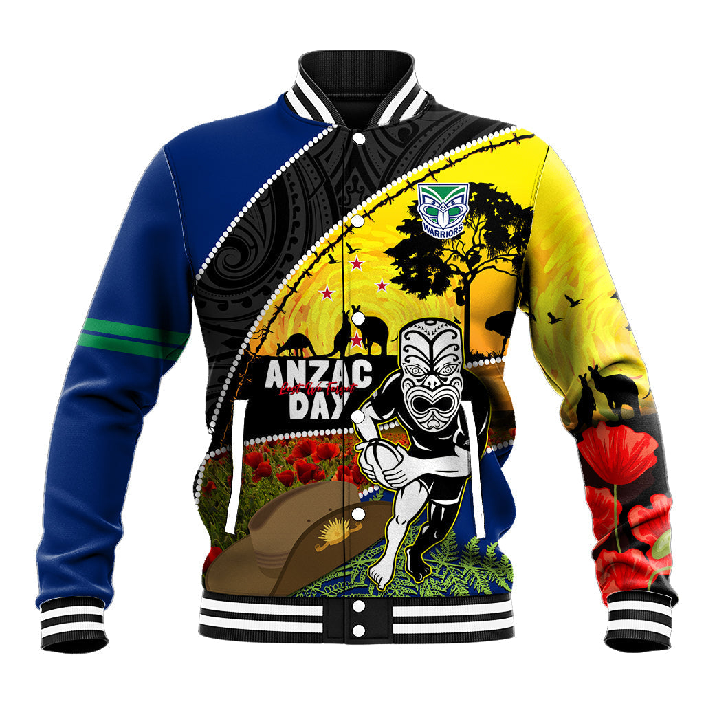 Warriors Rugby ANZAC Day Baseball Jacket New Zealand Wahs Tiki Mascot Rosemary Starry Night