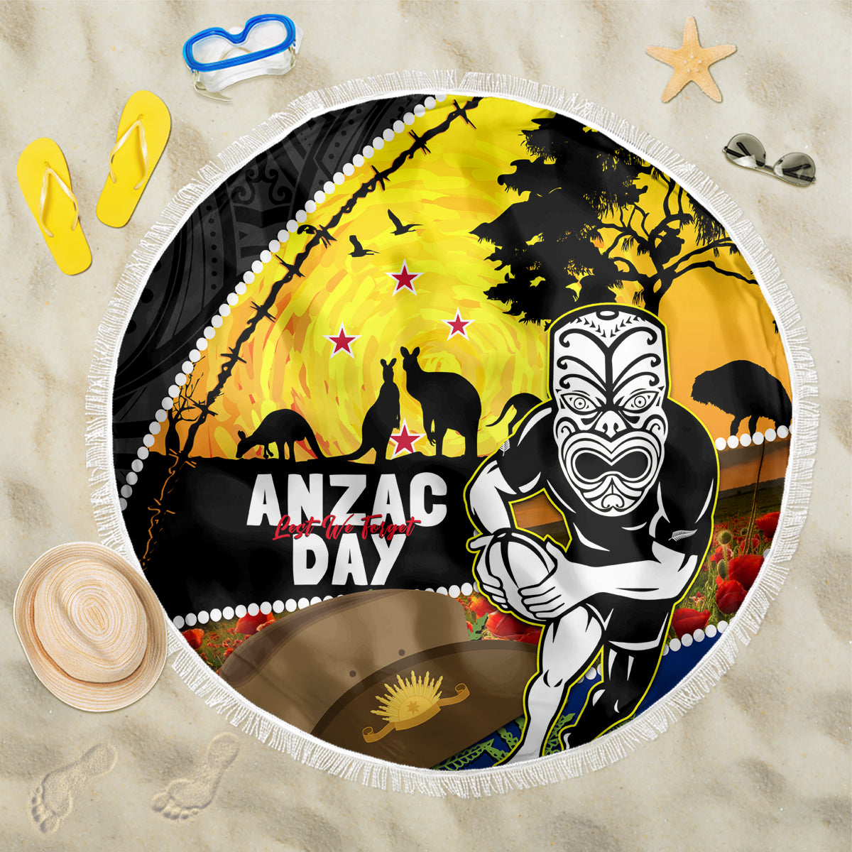Warriors Rugby ANZAC Day Beach Blanket New Zealand Wahs Tiki Mascot Rosemary Starry Night