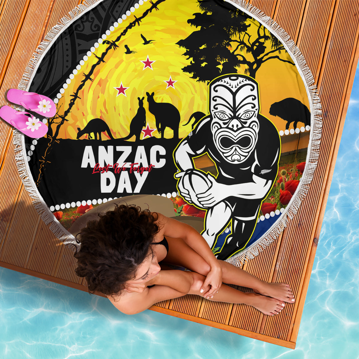 Warriors Rugby ANZAC Day Beach Blanket New Zealand Wahs Tiki Mascot Rosemary Starry Night