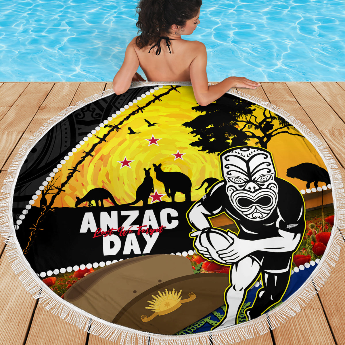 Warriors Rugby ANZAC Day Beach Blanket New Zealand Wahs Tiki Mascot Rosemary Starry Night