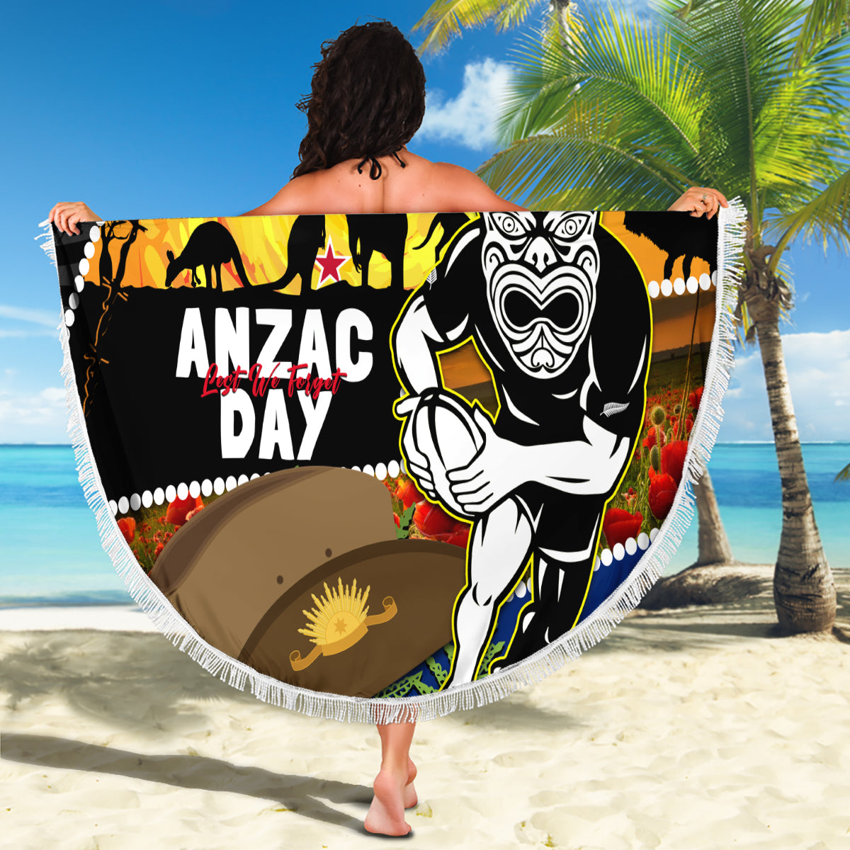 Warriors Rugby ANZAC Day Beach Blanket New Zealand Wahs Tiki Mascot Rosemary Starry Night