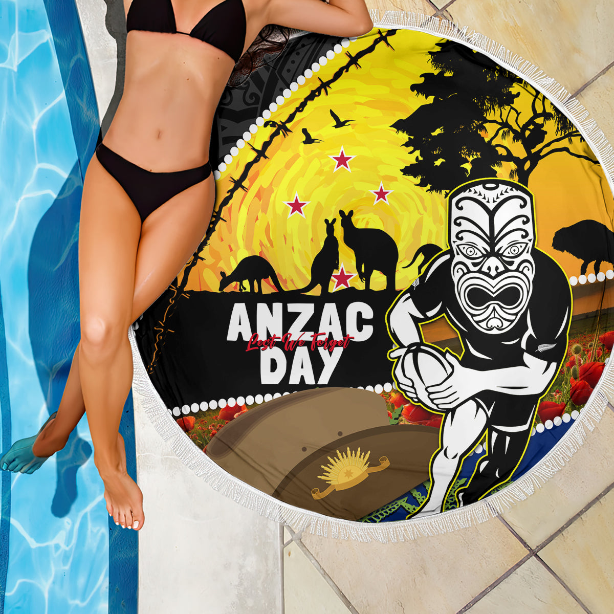 Warriors Rugby ANZAC Day Beach Blanket New Zealand Wahs Tiki Mascot Rosemary Starry Night