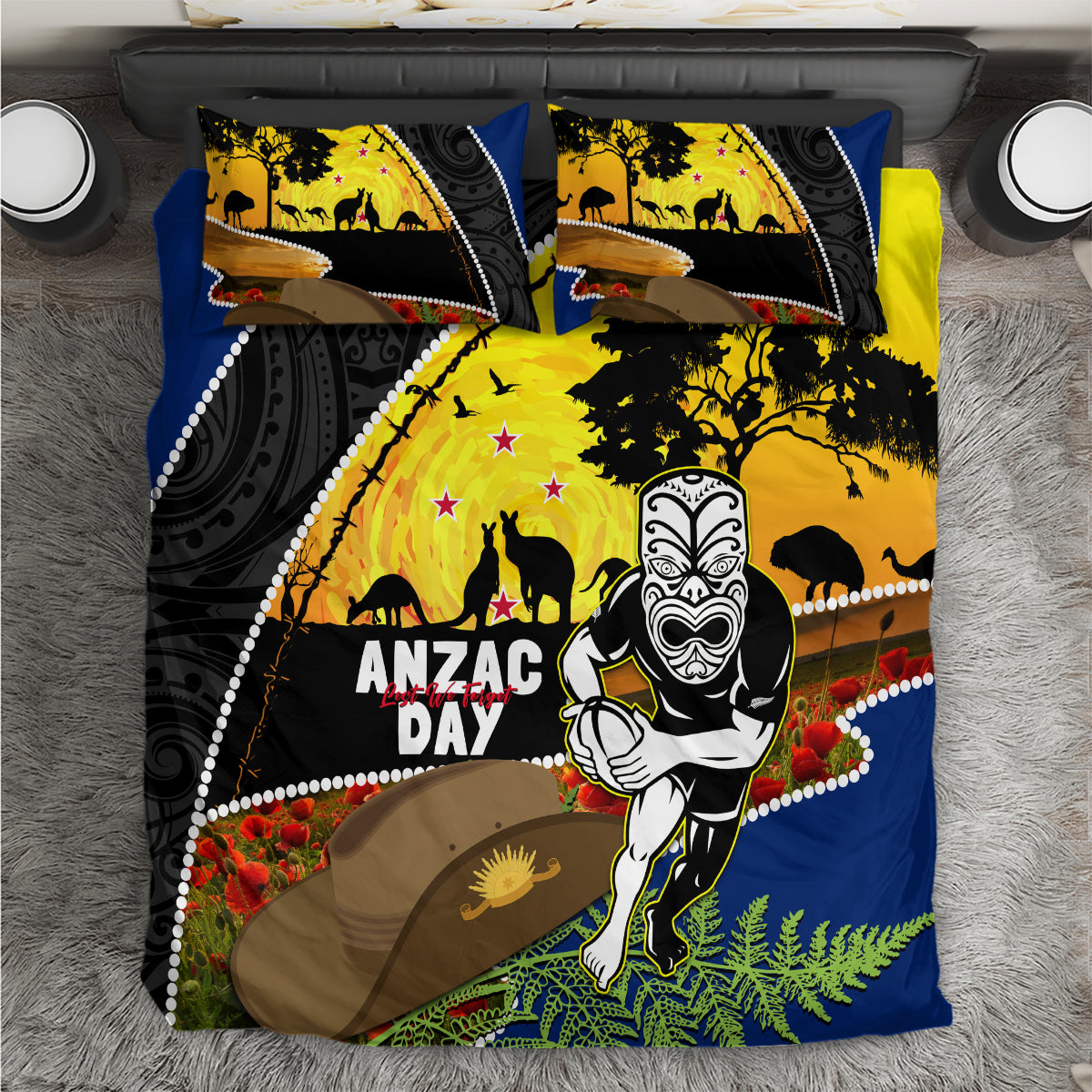 Warriors Rugby ANZAC Day Bedding Set New Zealand Wahs Tiki Mascot Rosemary Starry Night - Vibe Hoodie Shop