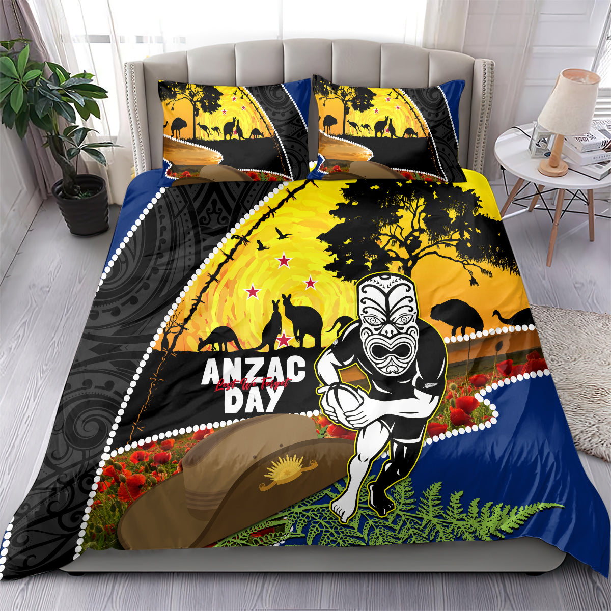 Warriors Rugby ANZAC Day Bedding Set New Zealand Wahs Tiki Mascot Rosemary Starry Night - Vibe Hoodie Shop