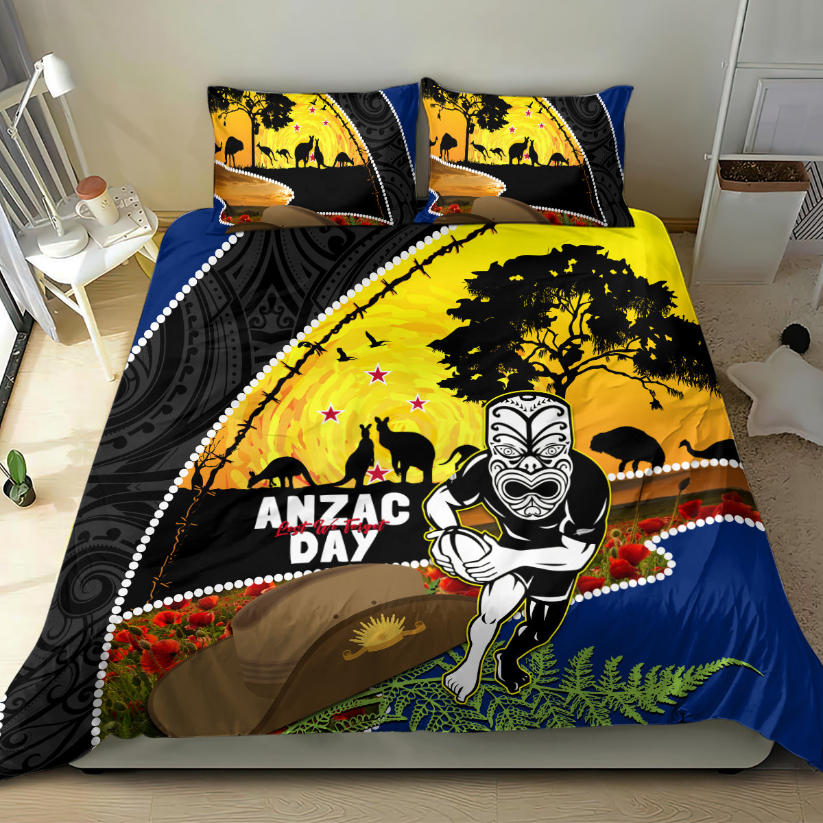 Warriors Rugby ANZAC Day Bedding Set New Zealand Wahs Tiki Mascot Rosemary Starry Night - Vibe Hoodie Shop
