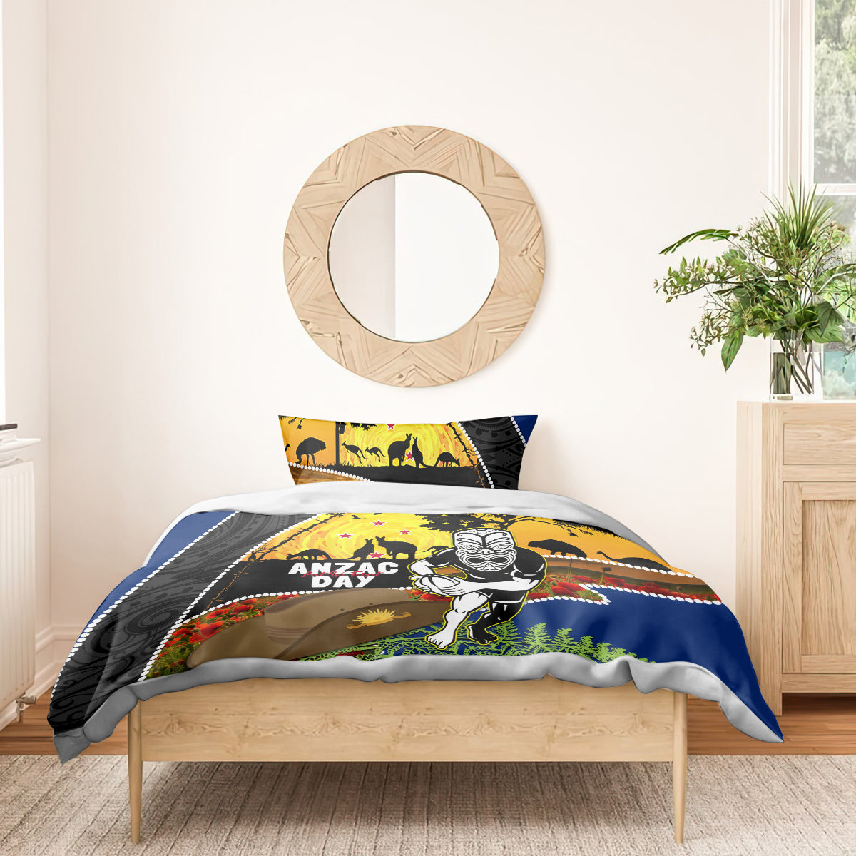 Warriors Rugby ANZAC Day Bedding Set New Zealand Wahs Tiki Mascot Rosemary Starry Night - Vibe Hoodie Shop