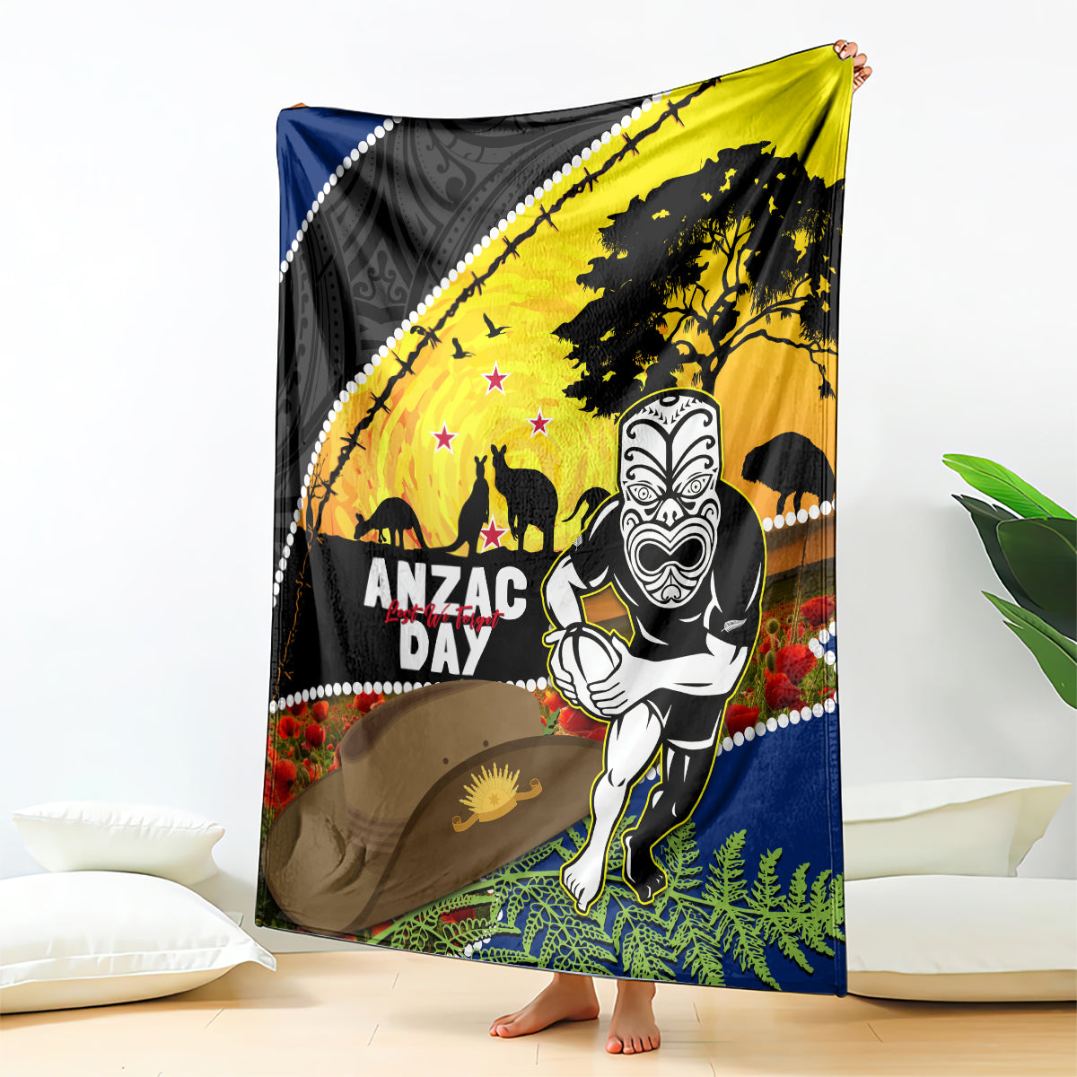 Warriors Rugby ANZAC Day Blanket New Zealand Wahs Tiki Mascot Rosemary Starry Night - Vibe Hoodie Shop