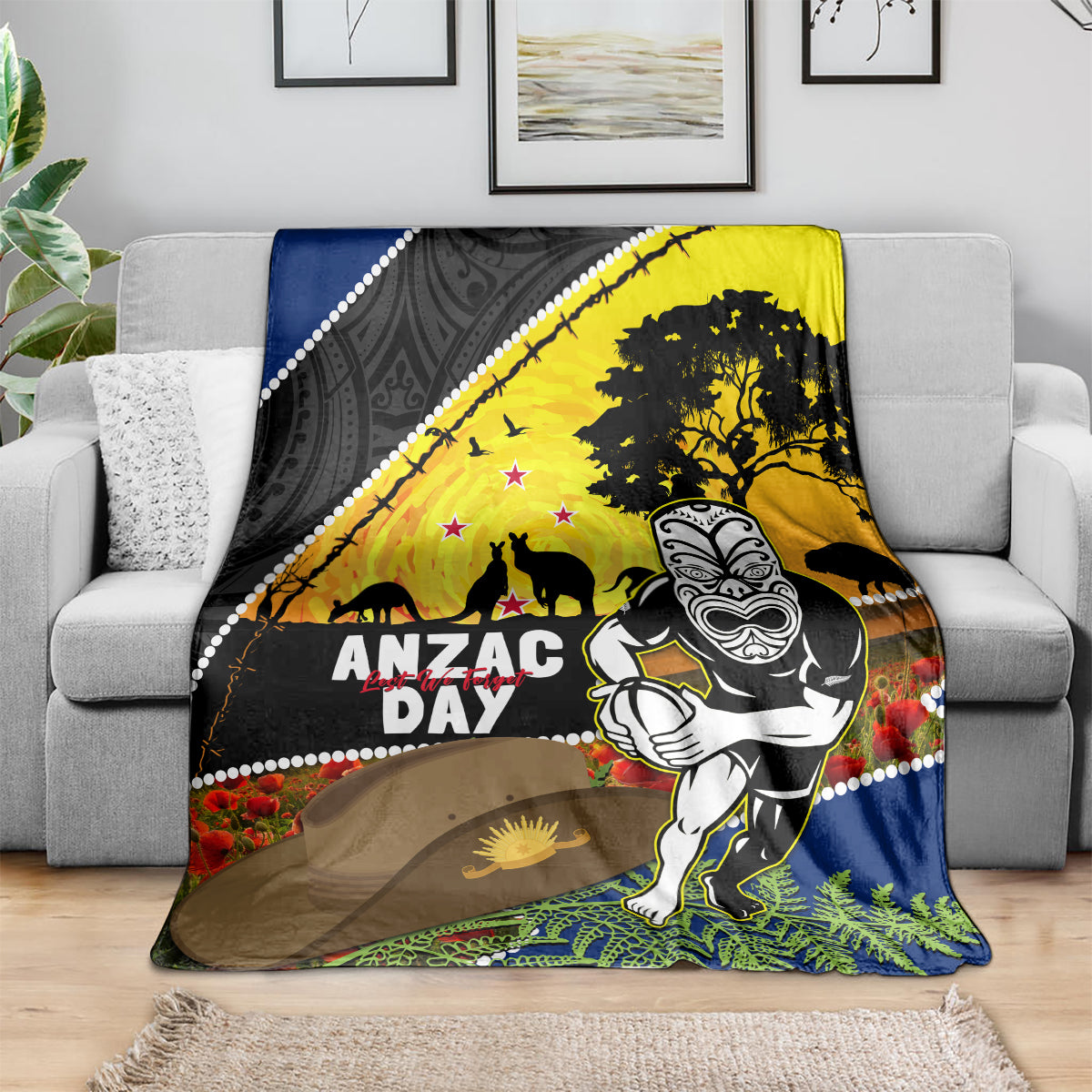 Warriors Rugby ANZAC Day Blanket New Zealand Wahs Tiki Mascot Rosemary Starry Night - Vibe Hoodie Shop