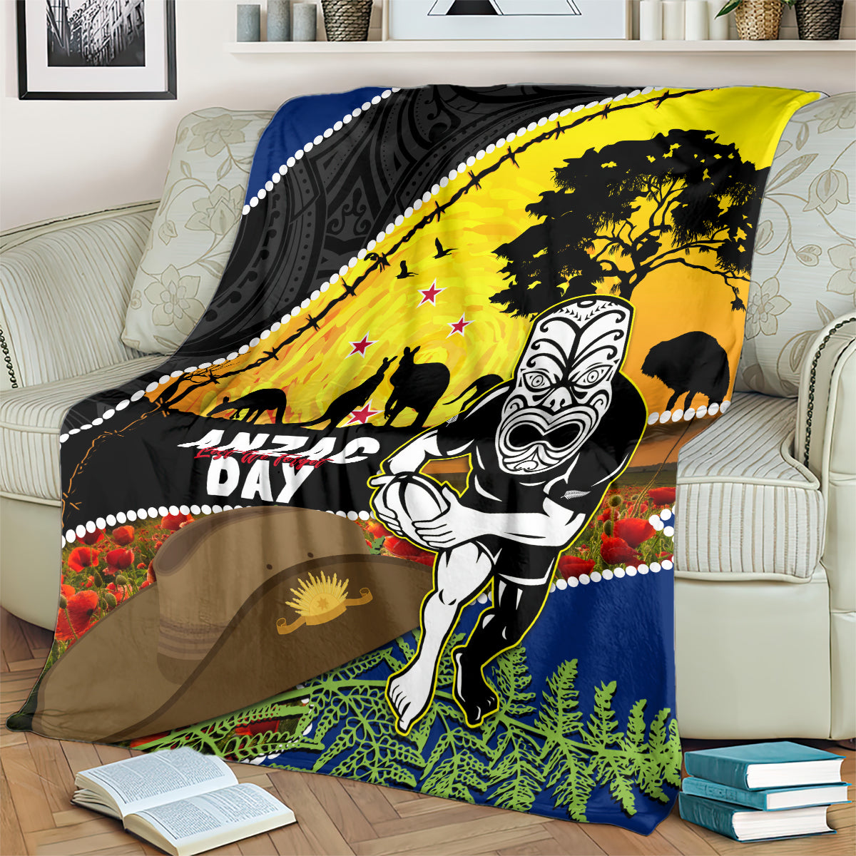 Warriors Rugby ANZAC Day Blanket New Zealand Wahs Tiki Mascot Rosemary Starry Night - Vibe Hoodie Shop