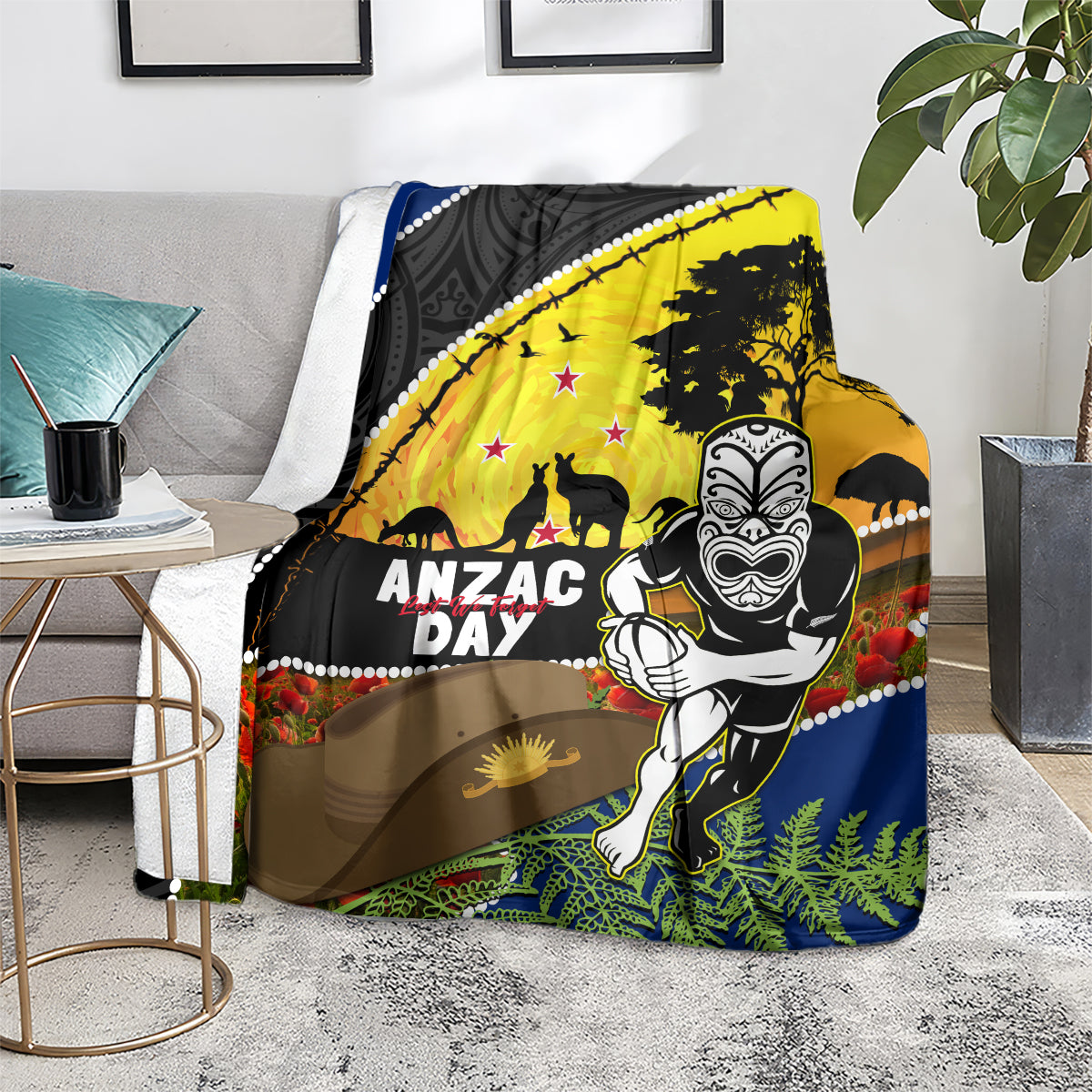 Warriors Rugby ANZAC Day Blanket New Zealand Wahs Tiki Mascot Rosemary Starry Night - Vibe Hoodie Shop