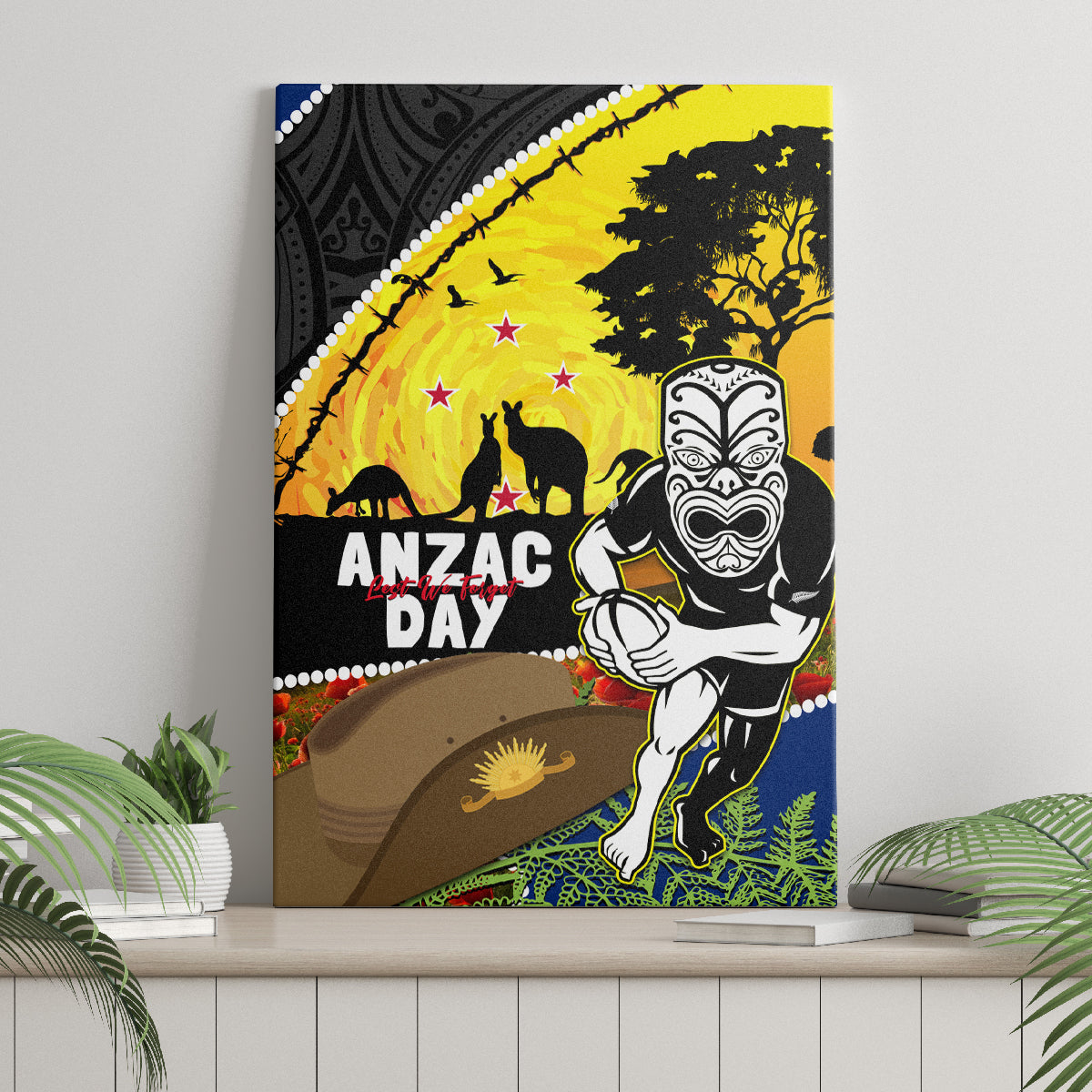 Warriors Rugby ANZAC Day Canvas Wall Art New Zealand Wahs Tiki Mascot Rosemary Starry Night