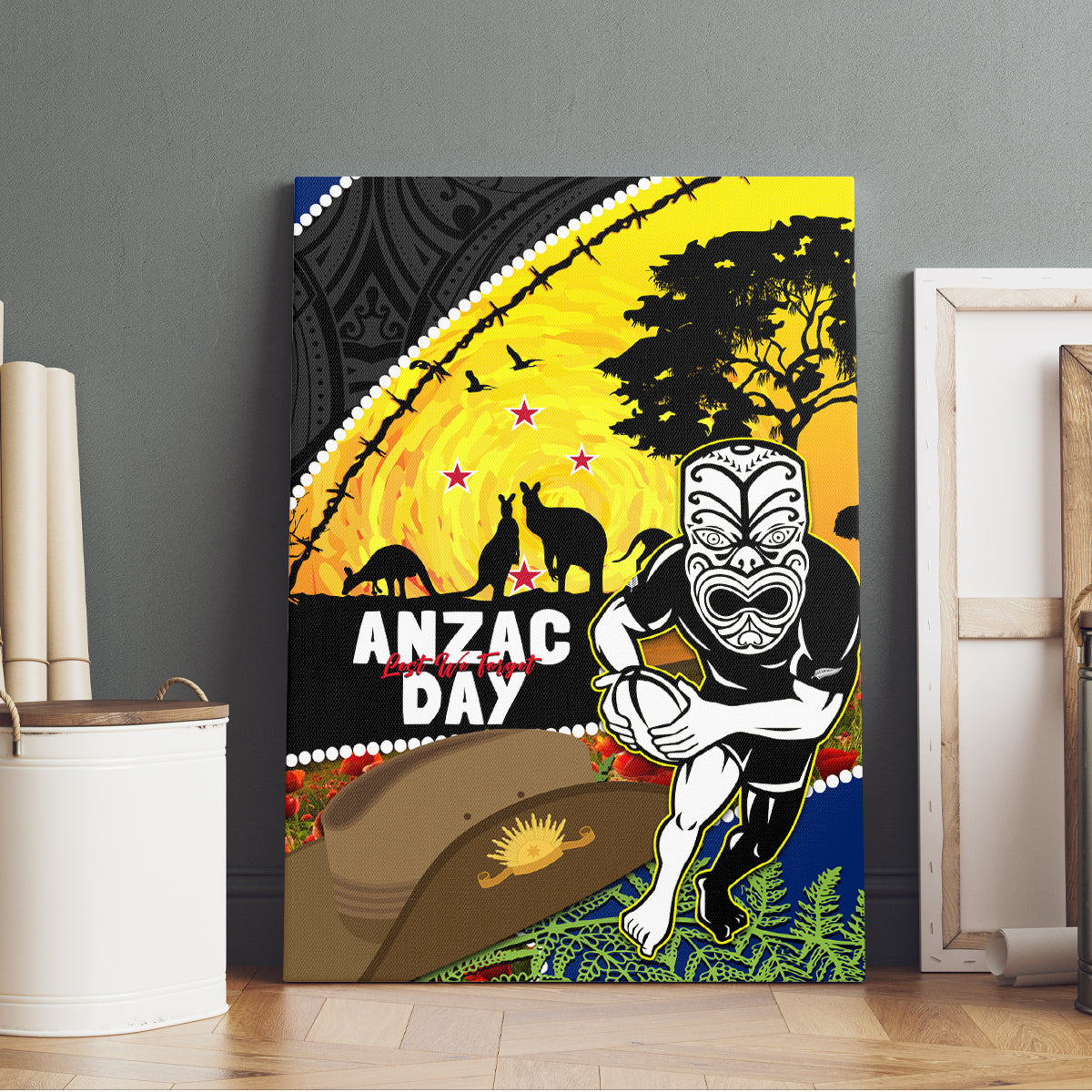 Warriors Rugby ANZAC Day Canvas Wall Art New Zealand Wahs Tiki Mascot Rosemary Starry Night