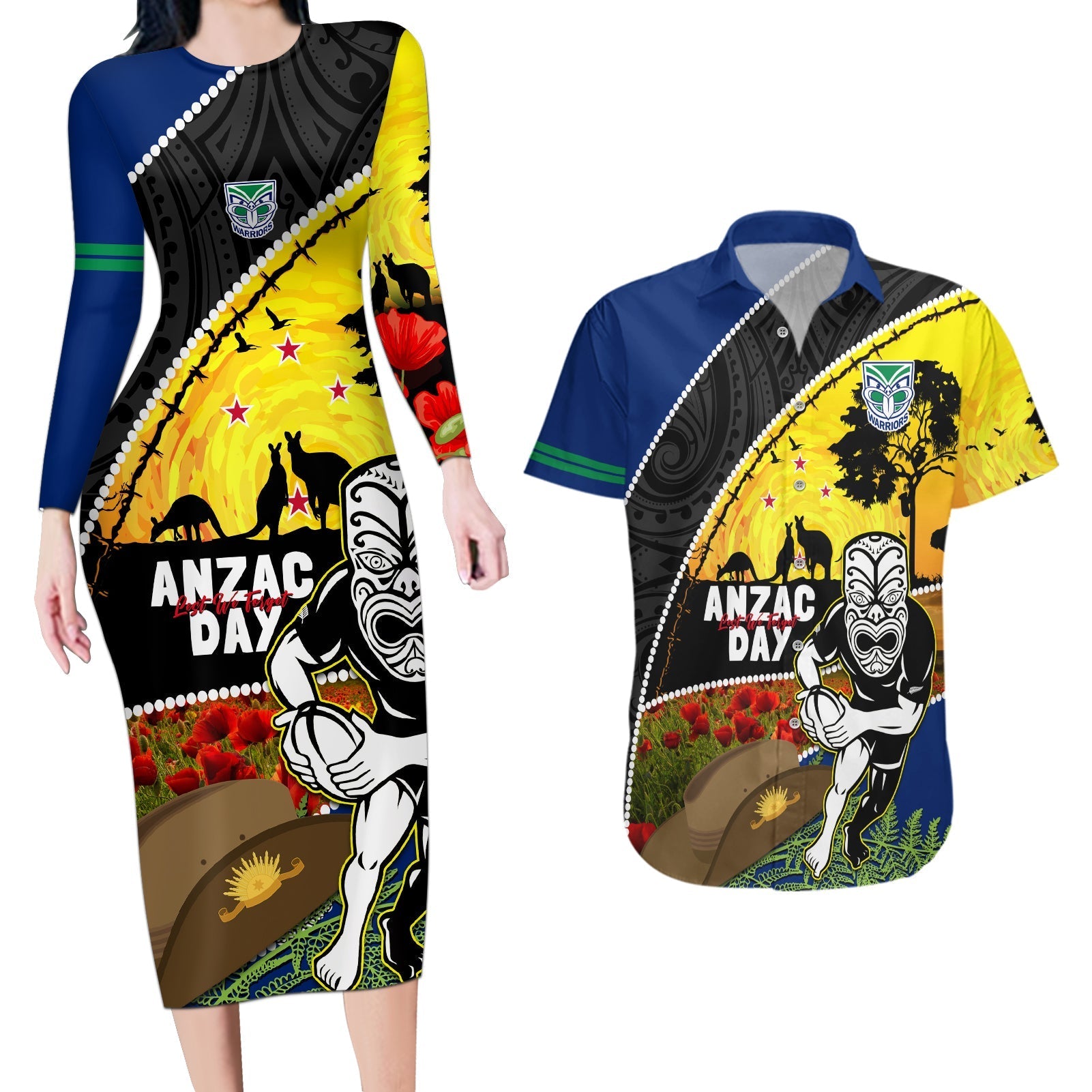 Warriors Rugby ANZAC Day Couples Matching Long Sleeve Bodycon Dress and Hawaiian Shirt New Zealand Wahs Tiki Mascot Rosemary Starry Night