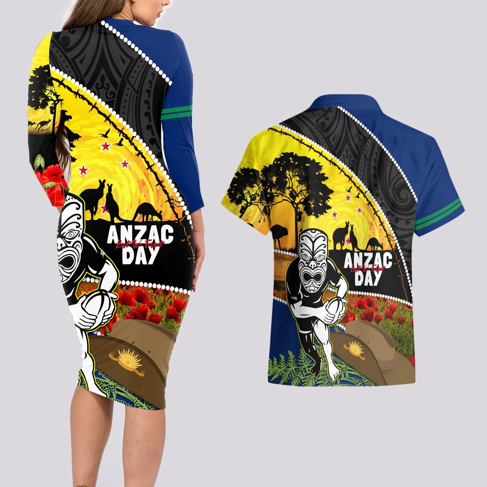 Warriors Rugby ANZAC Day Couples Matching Long Sleeve Bodycon Dress and Hawaiian Shirt New Zealand Wahs Tiki Mascot Rosemary Starry Night