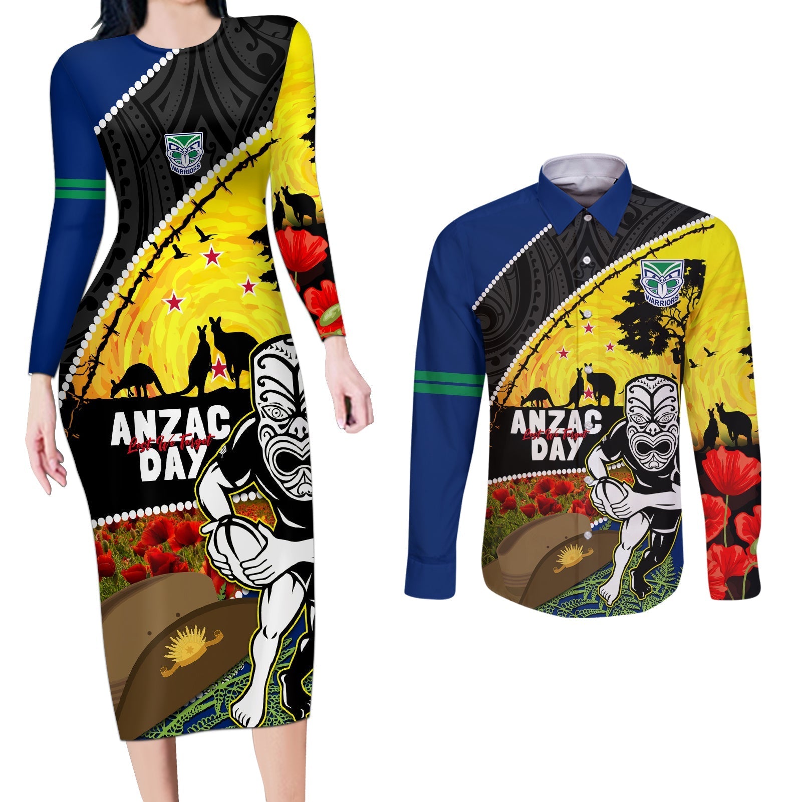 Warriors Rugby ANZAC Day Couples Matching Long Sleeve Bodycon Dress and Long Sleeve Button Shirt New Zealand Wahs Tiki Mascot Rosemary Starry Night