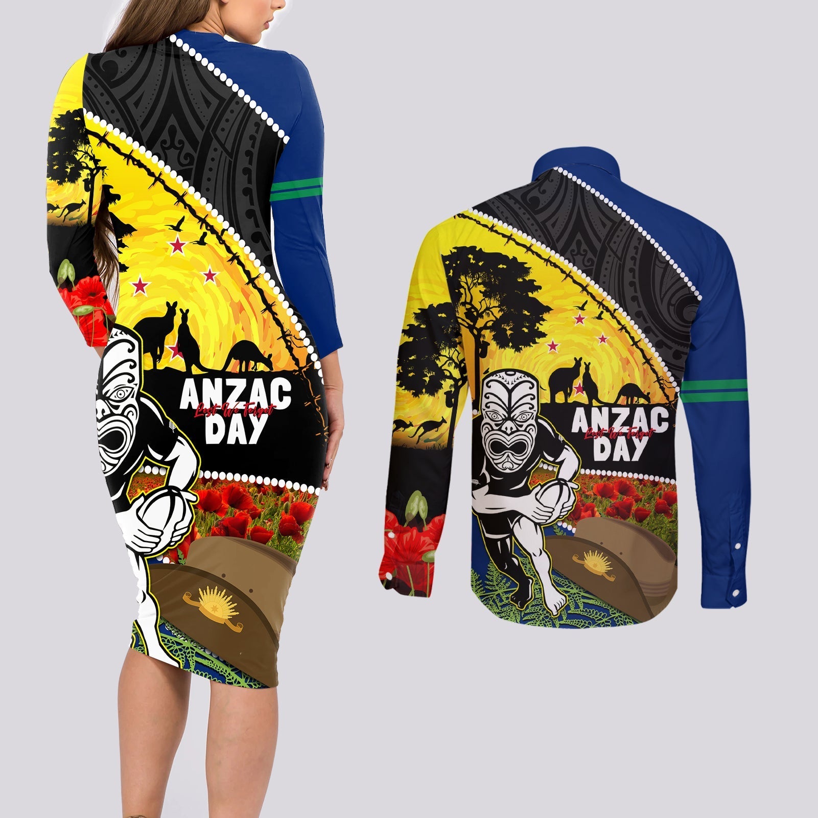 Warriors Rugby ANZAC Day Couples Matching Long Sleeve Bodycon Dress and Long Sleeve Button Shirt New Zealand Wahs Tiki Mascot Rosemary Starry Night