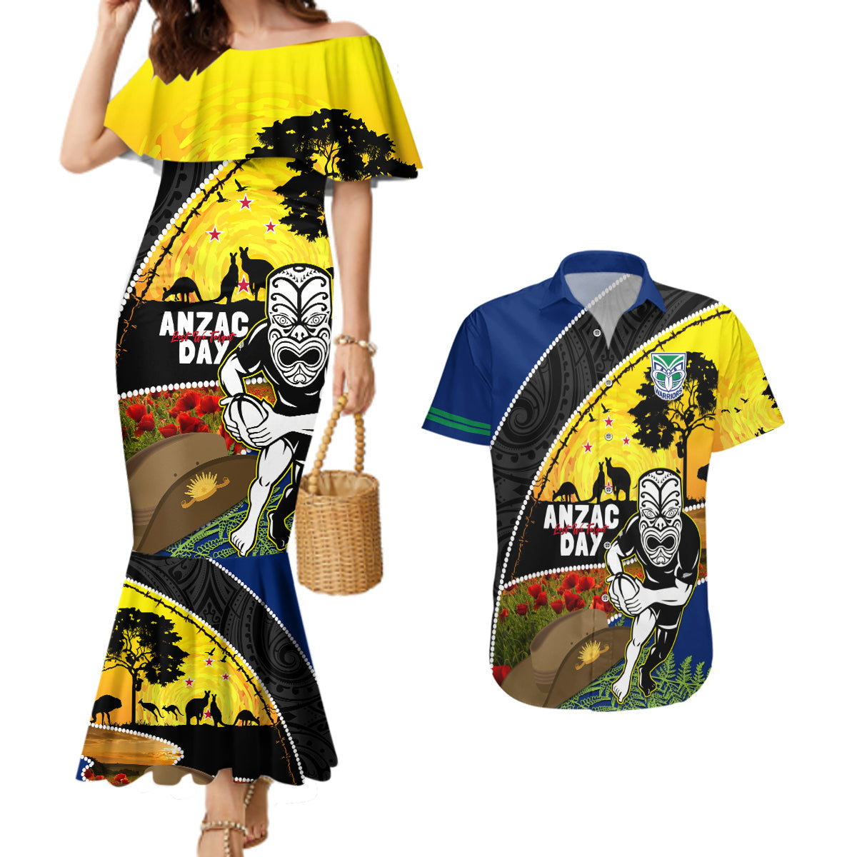 Warriors Rugby ANZAC Day Couples Matching Mermaid Dress and Hawaiian Shirt New Zealand Wahs Tiki Mascot Rosemary Starry Night