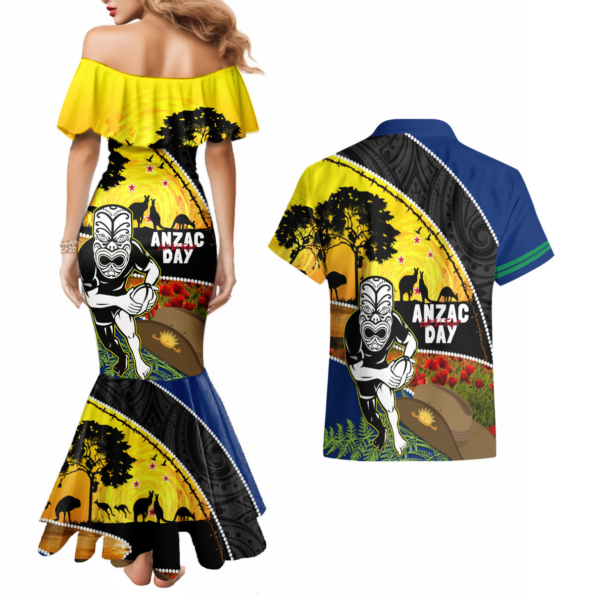 Warriors Rugby ANZAC Day Couples Matching Mermaid Dress and Hawaiian Shirt New Zealand Wahs Tiki Mascot Rosemary Starry Night