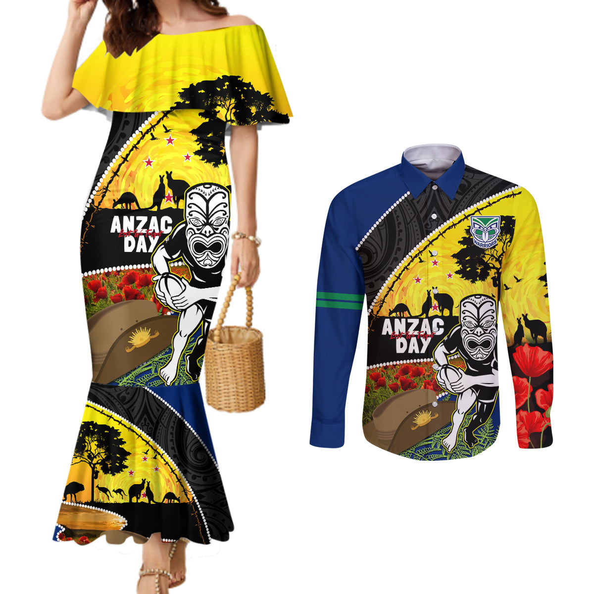 Warriors Rugby ANZAC Day Couples Matching Mermaid Dress and Long Sleeve Button Shirt New Zealand Wahs Tiki Mascot Rosemary Starry Night