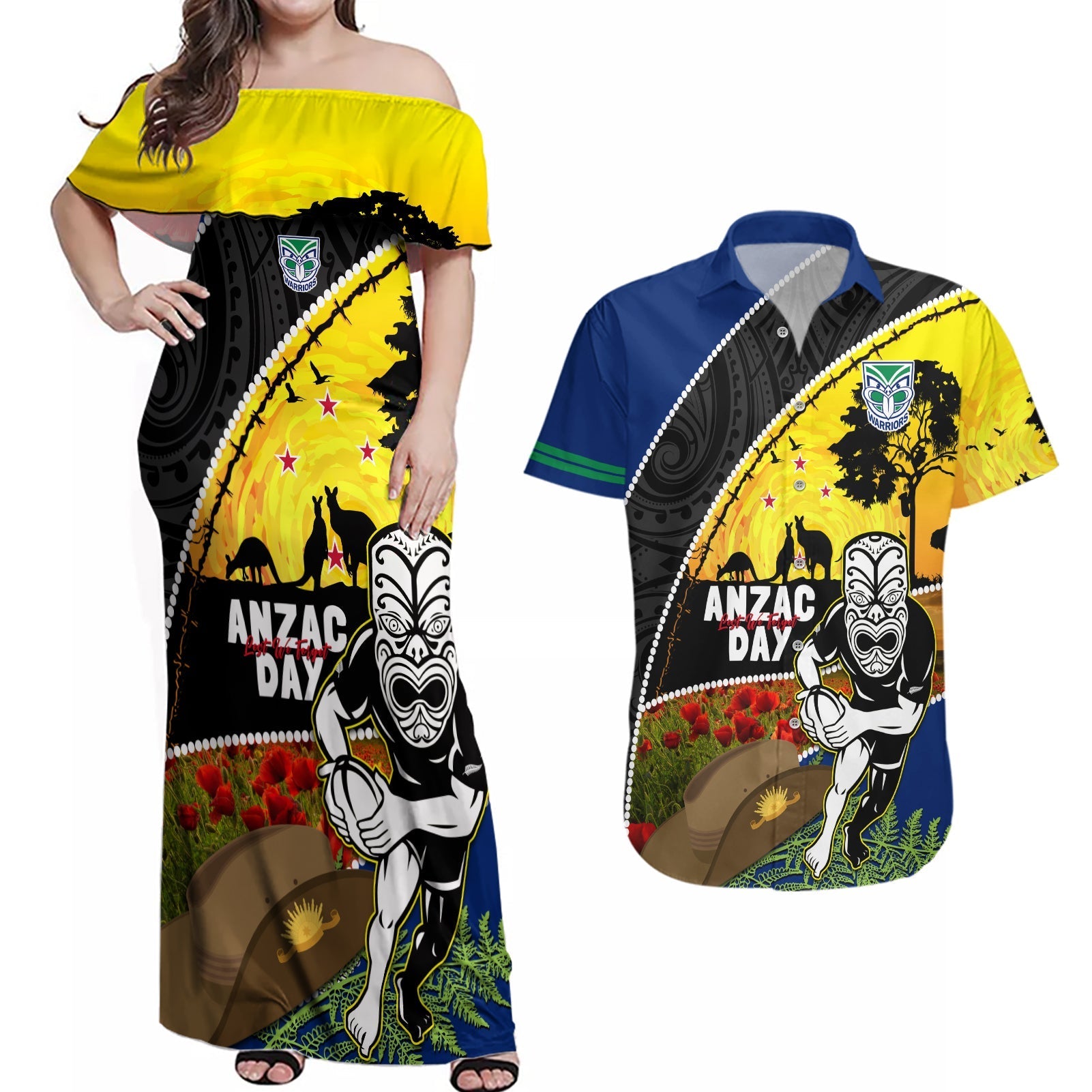 Warriors Rugby ANZAC Day Couples Matching Off Shoulder Maxi Dress and Hawaiian Shirt New Zealand Wahs Tiki Mascot Rosemary Starry Night