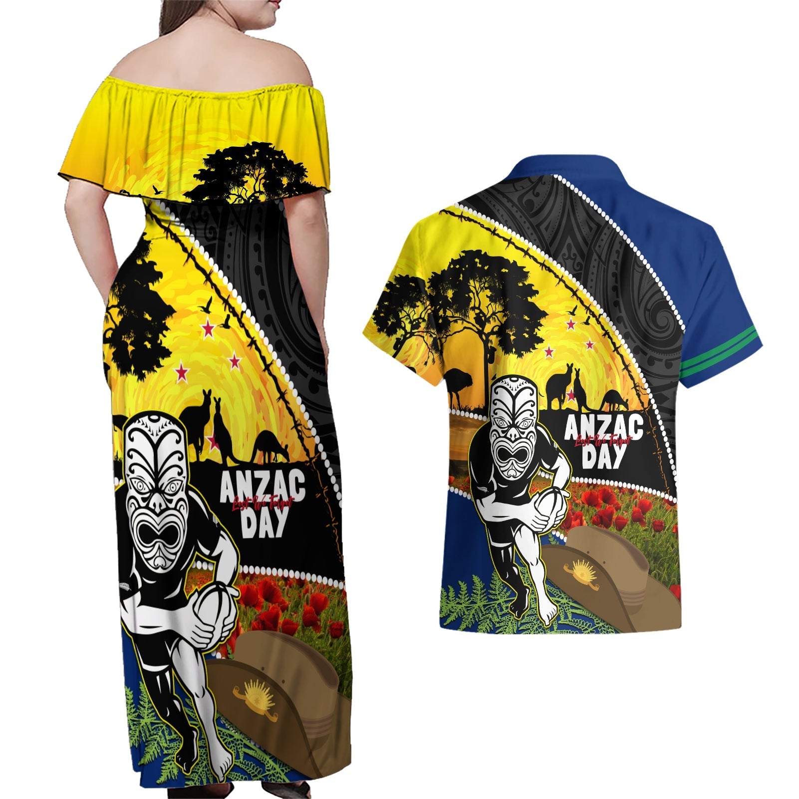 Warriors Rugby ANZAC Day Couples Matching Off Shoulder Maxi Dress and Hawaiian Shirt New Zealand Wahs Tiki Mascot Rosemary Starry Night