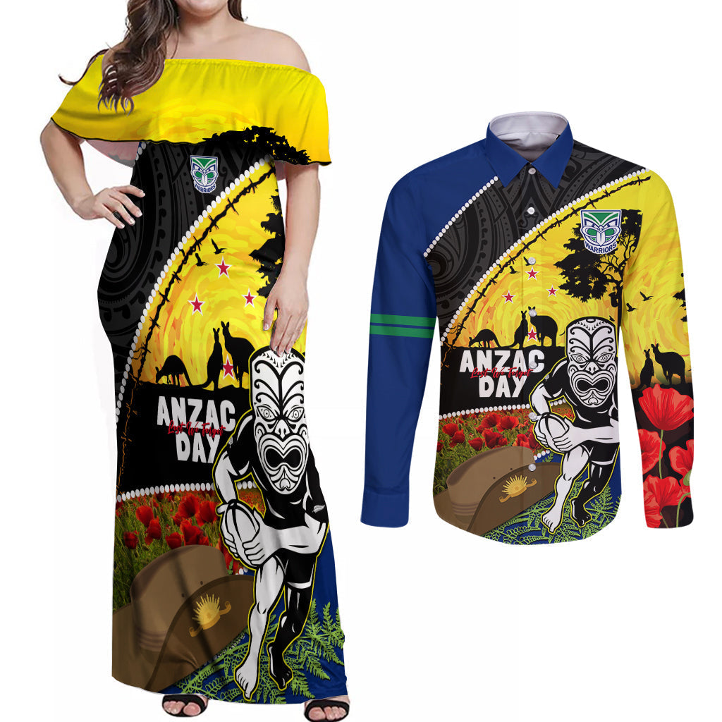 Warriors Rugby ANZAC Day Couples Matching Off Shoulder Maxi Dress and Long Sleeve Button Shirt New Zealand Wahs Tiki Mascot Rosemary Starry Night