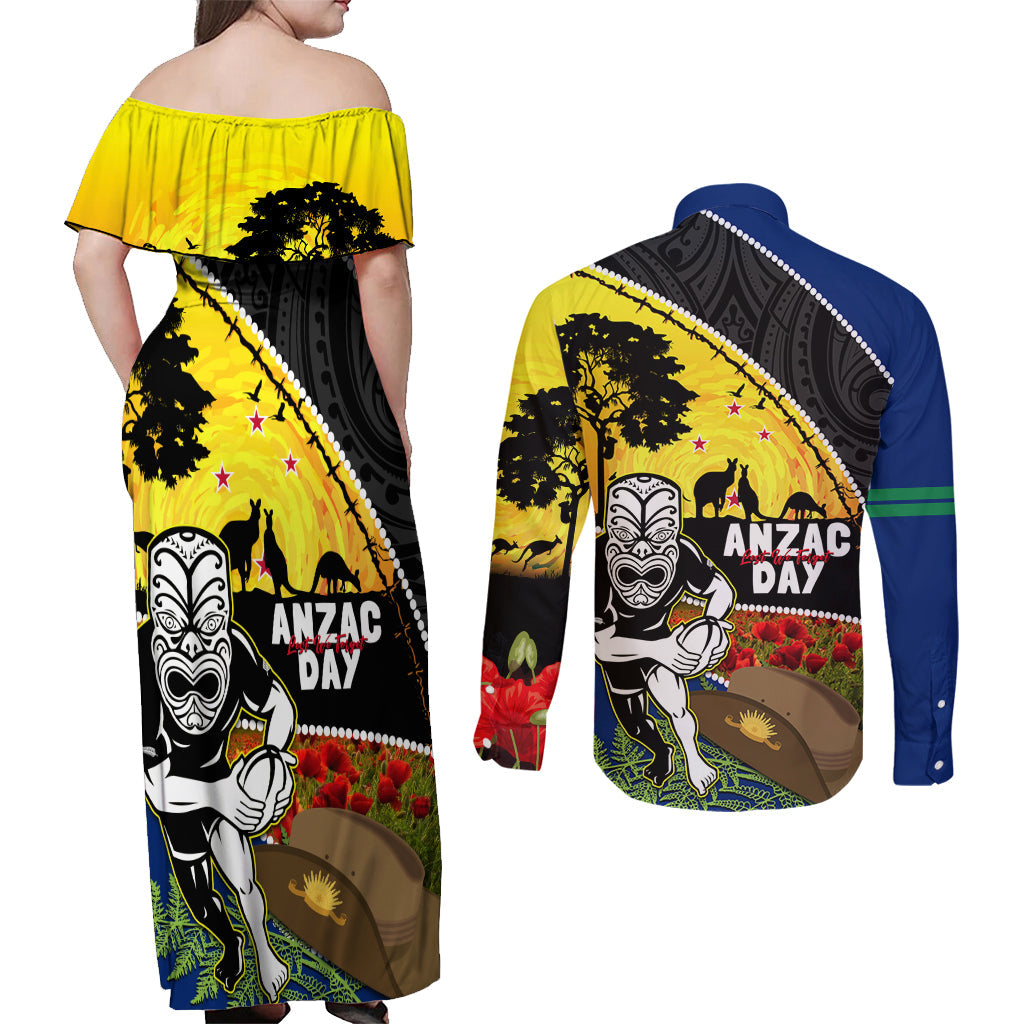 Warriors Rugby ANZAC Day Couples Matching Off Shoulder Maxi Dress and Long Sleeve Button Shirt New Zealand Wahs Tiki Mascot Rosemary Starry Night