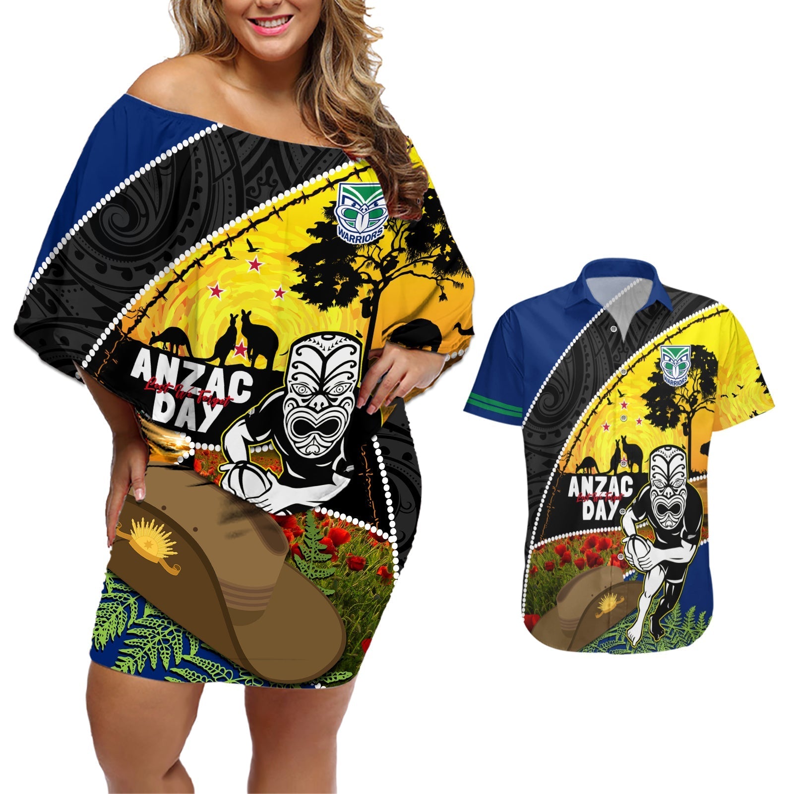 Warriors Rugby ANZAC Day Couples Matching Off Shoulder Short Dress and Hawaiian Shirt New Zealand Wahs Tiki Mascot Rosemary Starry Night
