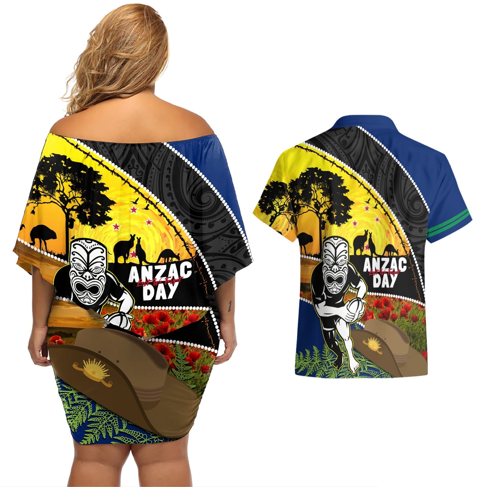 Warriors Rugby ANZAC Day Couples Matching Off Shoulder Short Dress and Hawaiian Shirt New Zealand Wahs Tiki Mascot Rosemary Starry Night