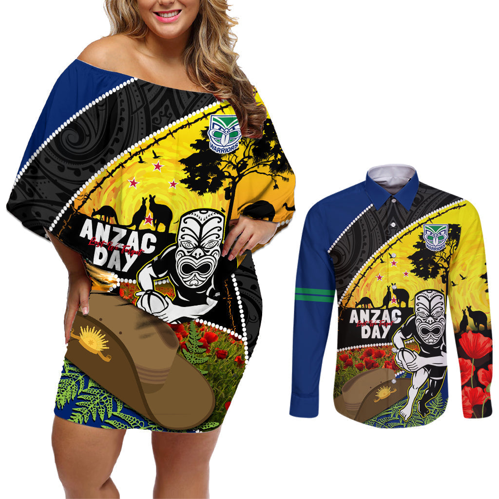 Warriors Rugby ANZAC Day Couples Matching Off Shoulder Short Dress and Long Sleeve Button Shirt New Zealand Wahs Tiki Mascot Rosemary Starry Night