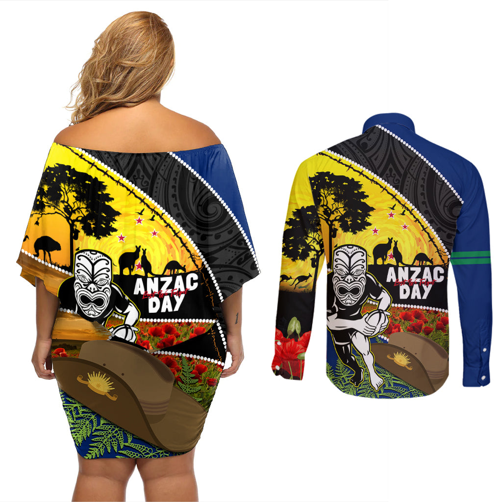 Warriors Rugby ANZAC Day Couples Matching Off Shoulder Short Dress and Long Sleeve Button Shirt New Zealand Wahs Tiki Mascot Rosemary Starry Night