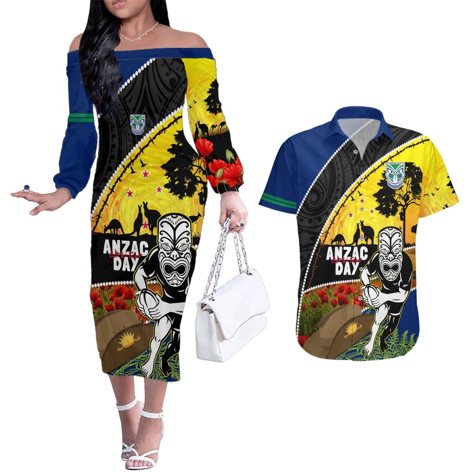 Warriors Rugby ANZAC Day Couples Matching Off The Shoulder Long Sleeve Dress and Hawaiian Shirt New Zealand Wahs Tiki Mascot Rosemary Starry Night