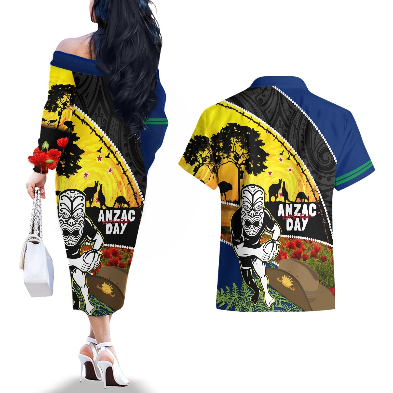 Warriors Rugby ANZAC Day Couples Matching Off The Shoulder Long Sleeve Dress and Hawaiian Shirt New Zealand Wahs Tiki Mascot Rosemary Starry Night