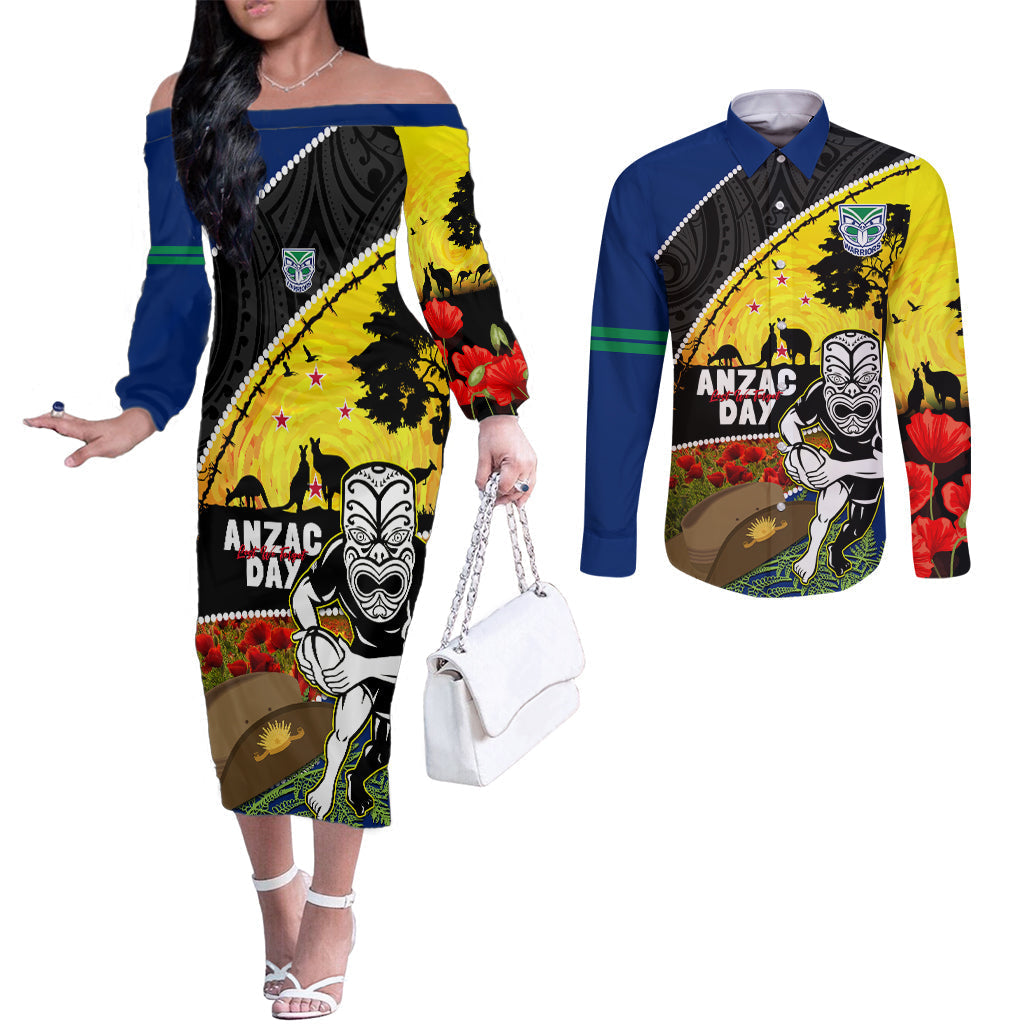 Warriors Rugby ANZAC Day Couples Matching Off The Shoulder Long Sleeve Dress and Long Sleeve Button Shirt New Zealand Wahs Tiki Mascot Rosemary Starry Night