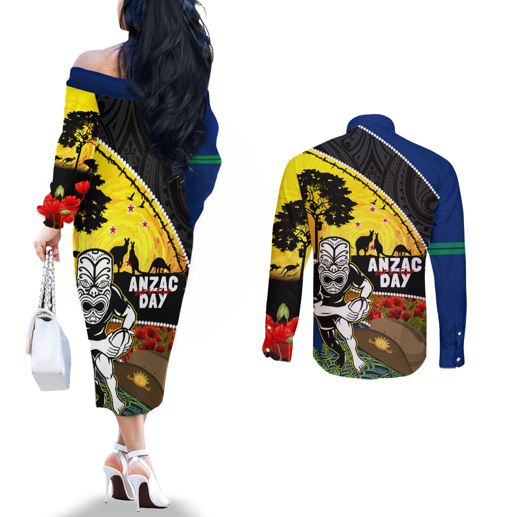 Warriors Rugby ANZAC Day Couples Matching Off The Shoulder Long Sleeve Dress and Long Sleeve Button Shirt New Zealand Wahs Tiki Mascot Rosemary Starry Night
