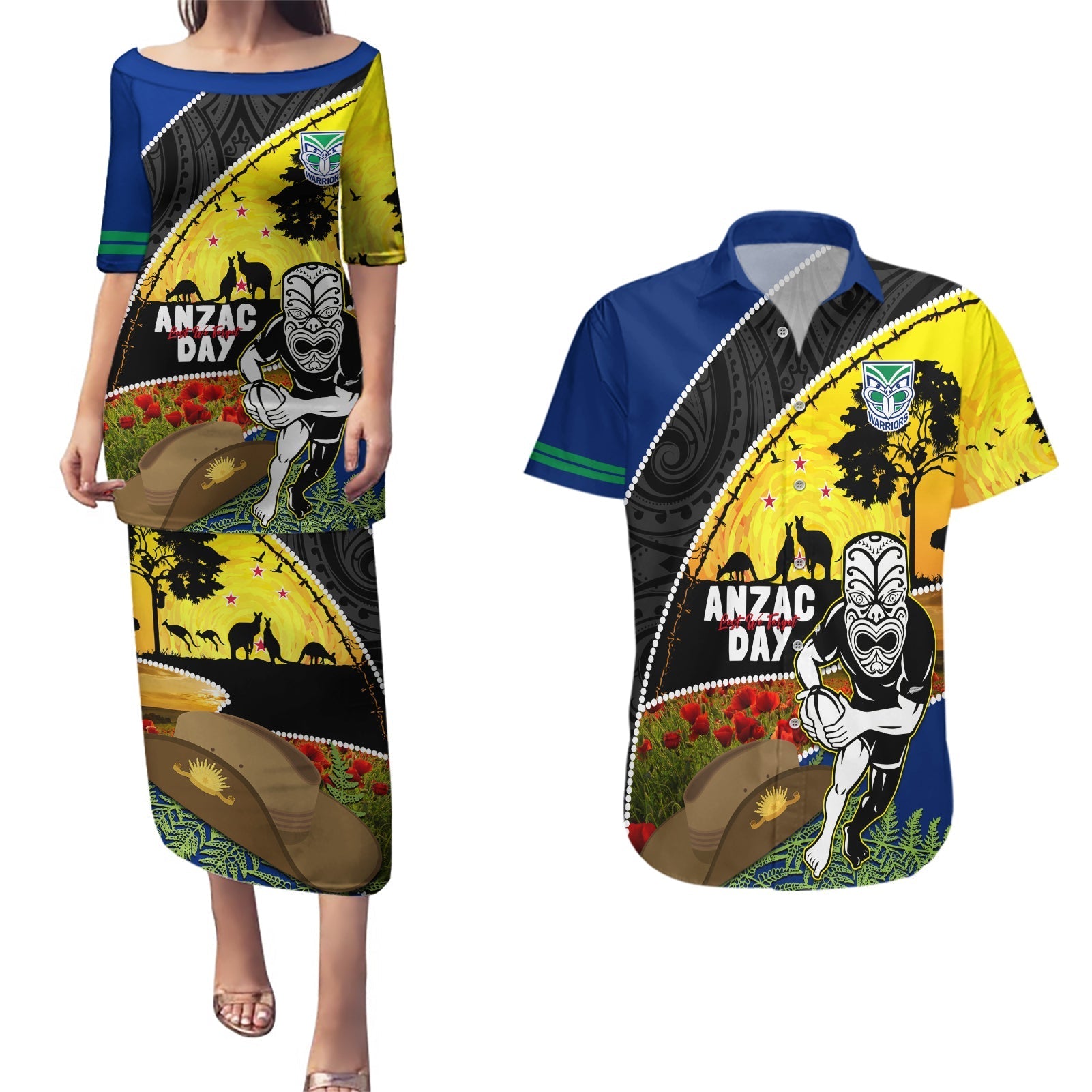 Warriors Rugby ANZAC Day Couples Matching Puletasi and Hawaiian Shirt New Zealand Wahs Tiki Mascot Rosemary Starry Night