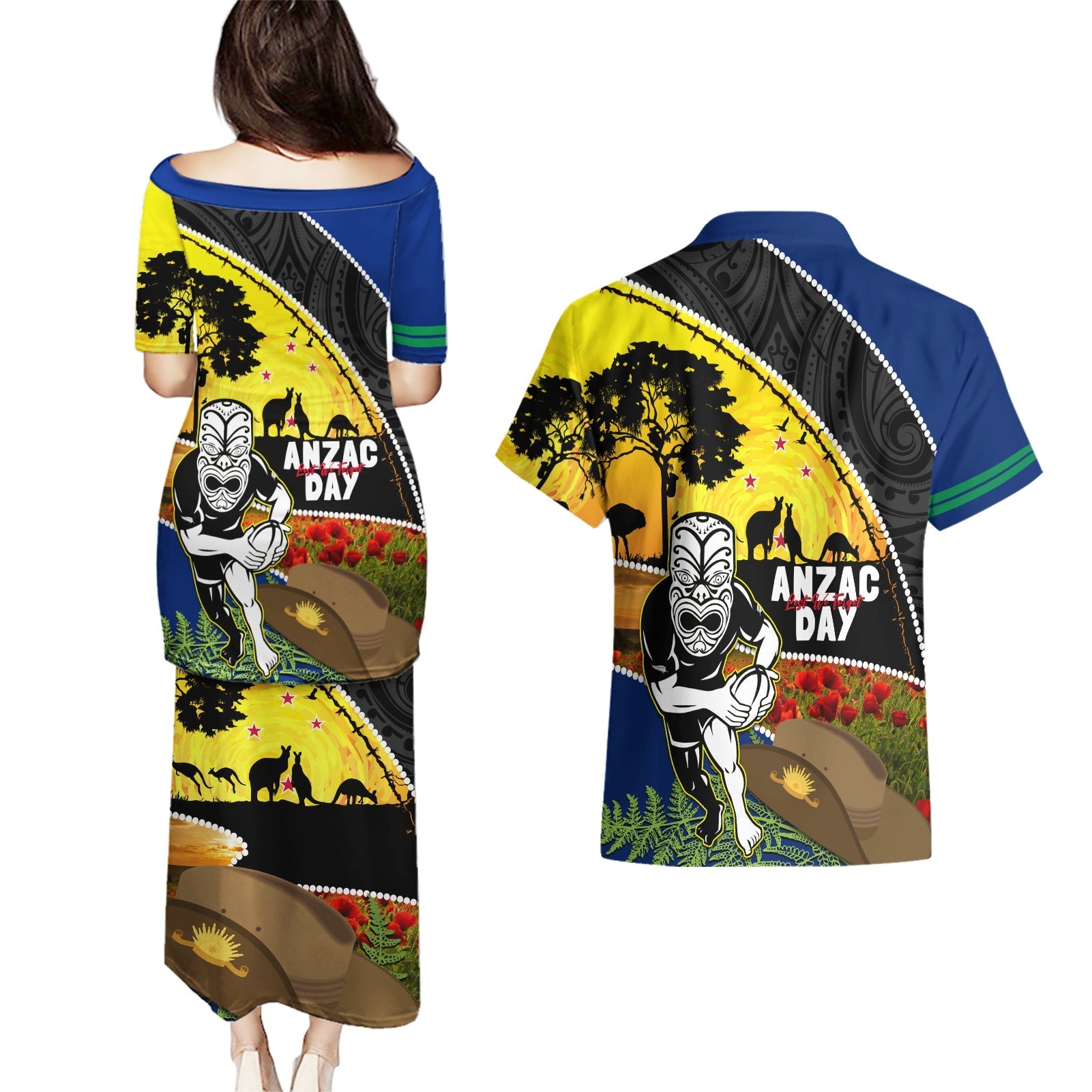 Warriors Rugby ANZAC Day Couples Matching Puletasi and Hawaiian Shirt New Zealand Wahs Tiki Mascot Rosemary Starry Night