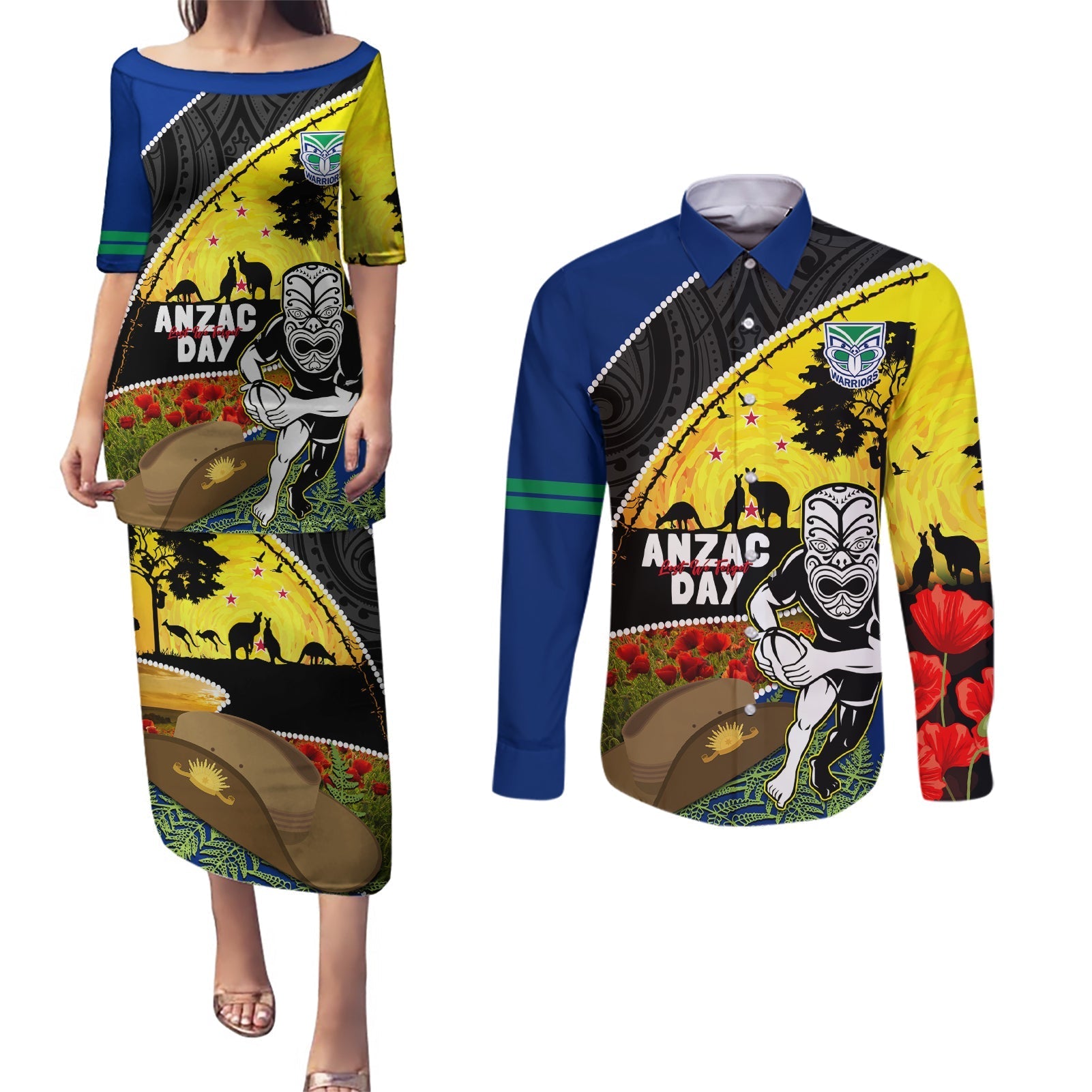 Warriors Rugby ANZAC Day Couples Matching Puletasi and Long Sleeve Button Shirt New Zealand Wahs Tiki Mascot Rosemary Starry Night