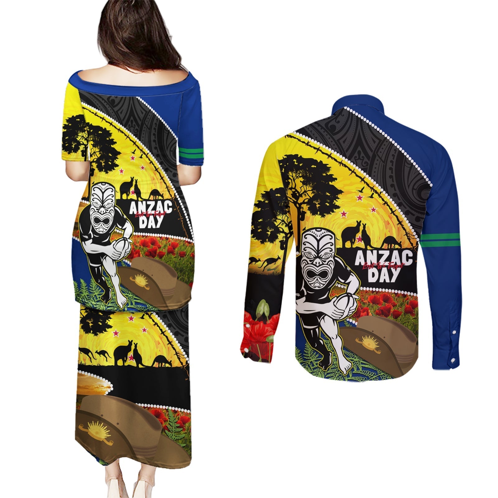 Warriors Rugby ANZAC Day Couples Matching Puletasi and Long Sleeve Button Shirt New Zealand Wahs Tiki Mascot Rosemary Starry Night