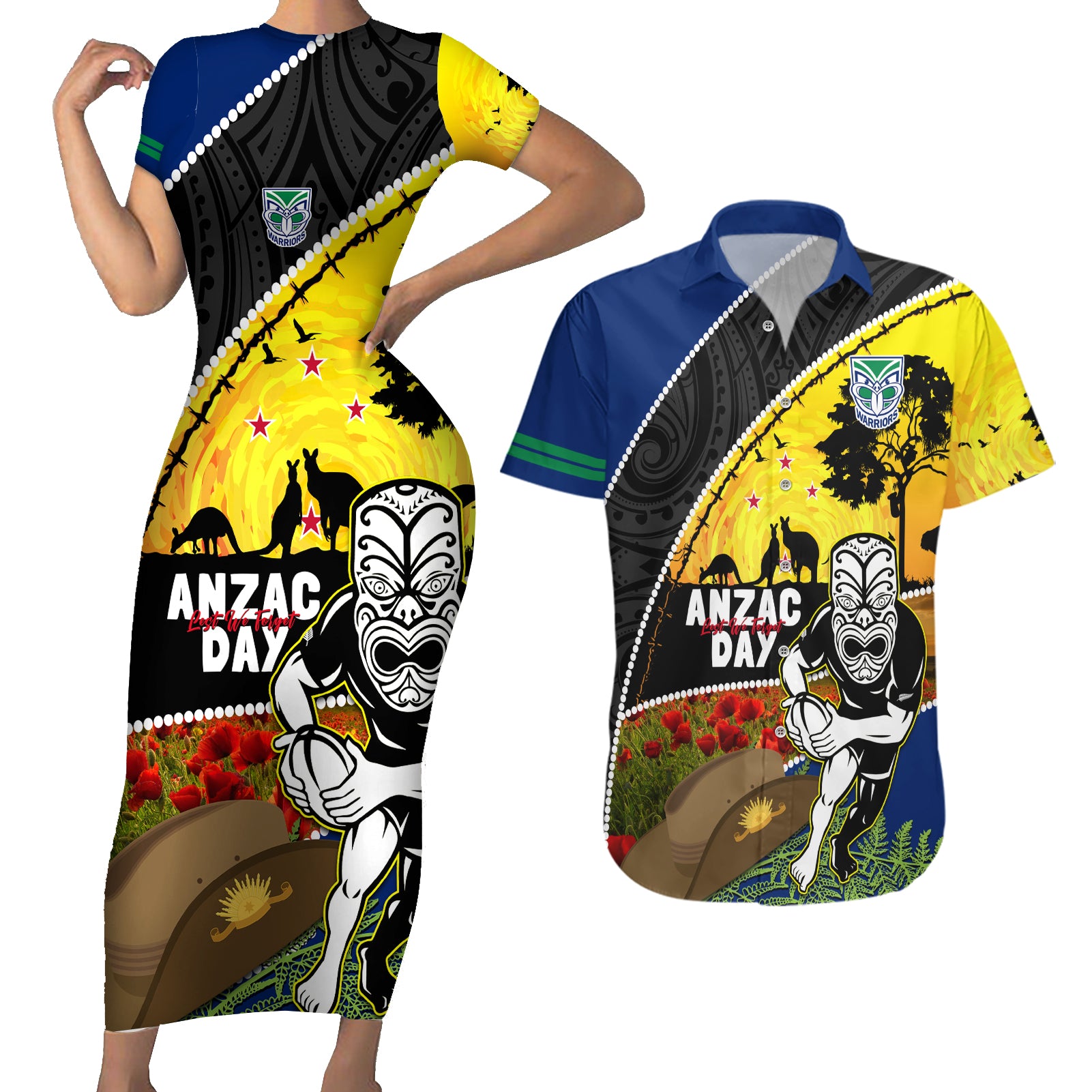 Warriors Rugby ANZAC Day Couples Matching Short Sleeve Bodycon Dress and Hawaiian Shirt New Zealand Wahs Tiki Mascot Rosemary Starry Night