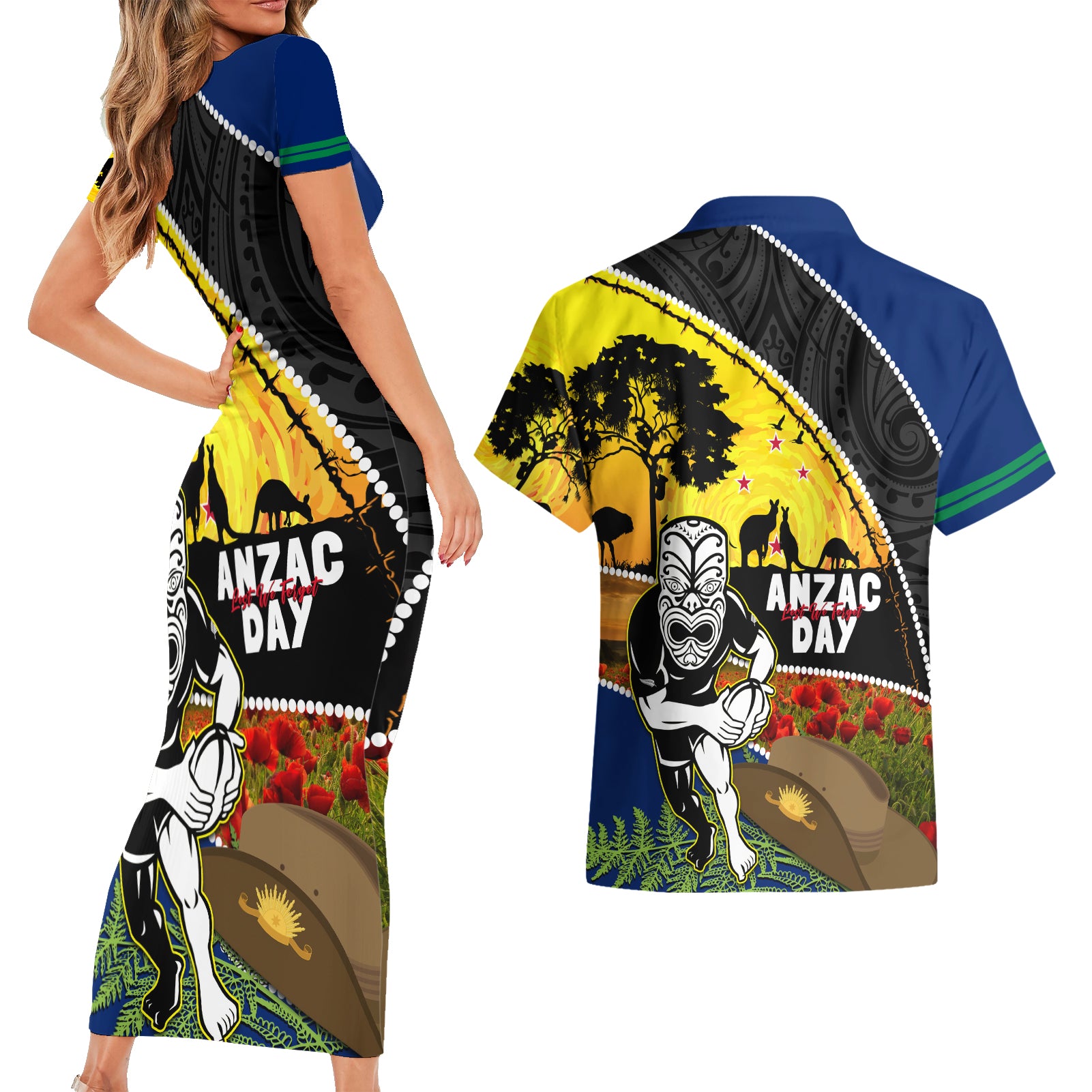 Warriors Rugby ANZAC Day Couples Matching Short Sleeve Bodycon Dress and Hawaiian Shirt New Zealand Wahs Tiki Mascot Rosemary Starry Night