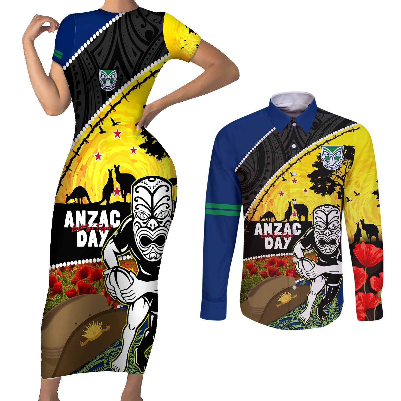 Warriors Rugby ANZAC Day Couples Matching Short Sleeve Bodycon Dress and Long Sleeve Button Shirt New Zealand Wahs Tiki Mascot Rosemary Starry Night