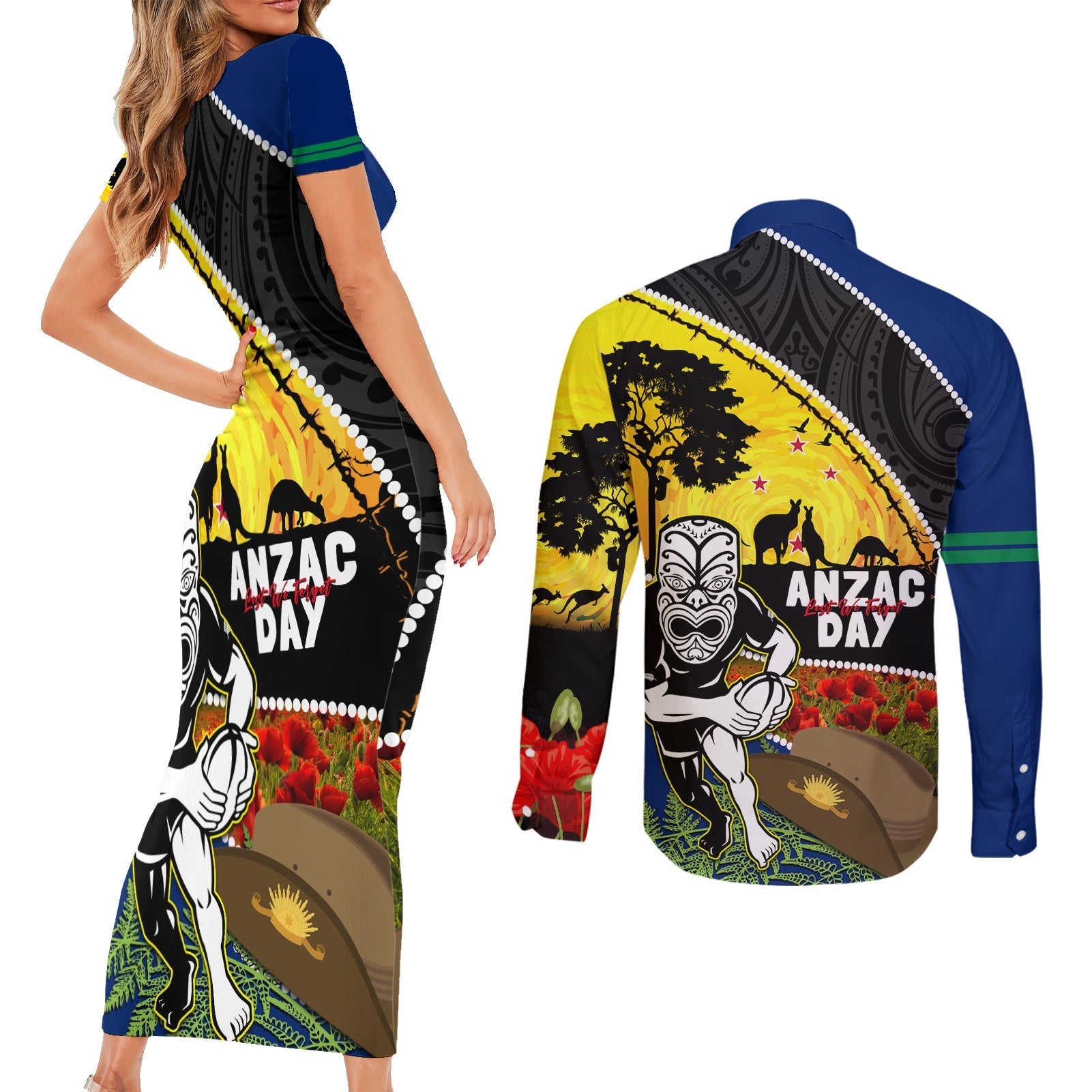Warriors Rugby ANZAC Day Couples Matching Short Sleeve Bodycon Dress and Long Sleeve Button Shirt New Zealand Wahs Tiki Mascot Rosemary Starry Night