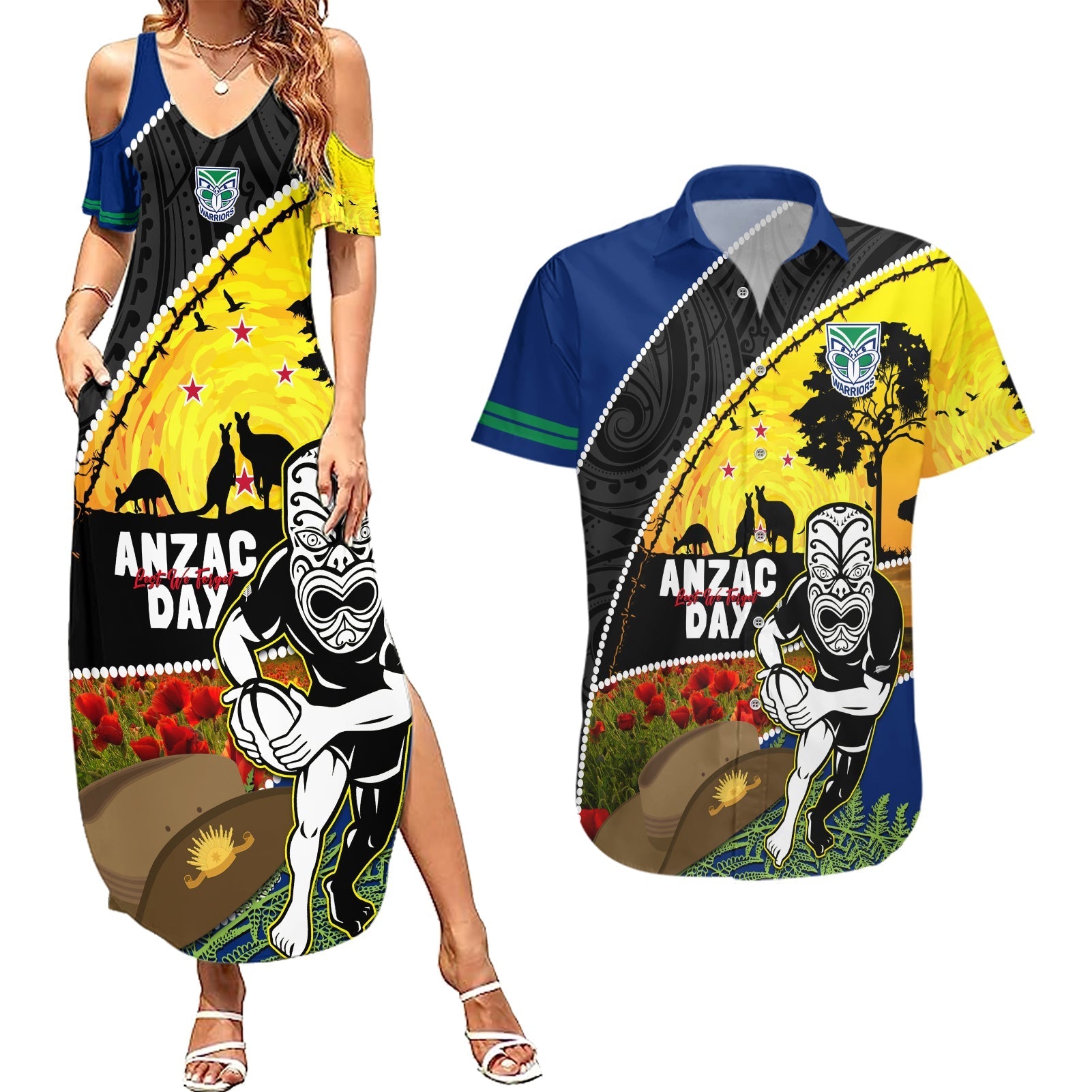 Warriors Rugby ANZAC Day Couples Matching Summer Maxi Dress and Hawaiian Shirt New Zealand Wahs Tiki Mascot Rosemary Starry Night