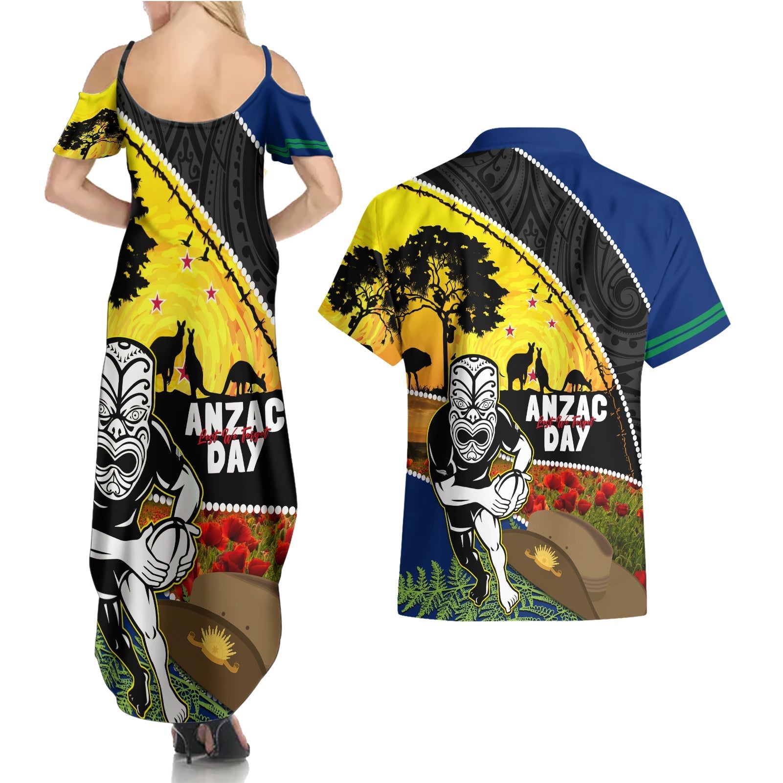 Warriors Rugby ANZAC Day Couples Matching Summer Maxi Dress and Hawaiian Shirt New Zealand Wahs Tiki Mascot Rosemary Starry Night