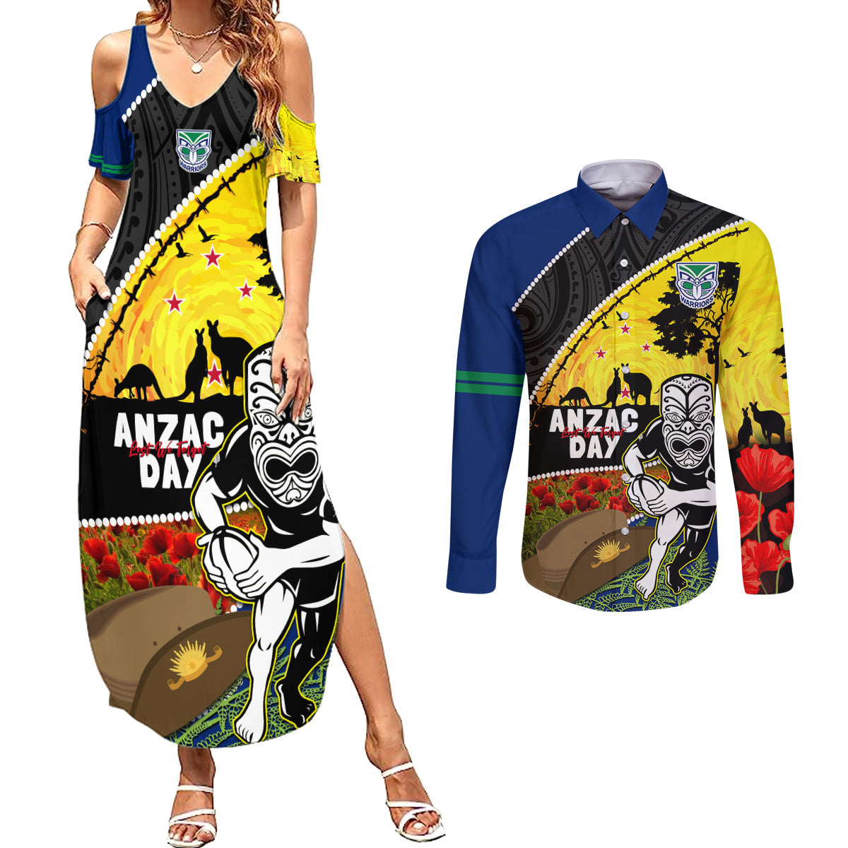 Warriors Rugby ANZAC Day Couples Matching Summer Maxi Dress and Long Sleeve Button Shirt New Zealand Wahs Tiki Mascot Rosemary Starry Night