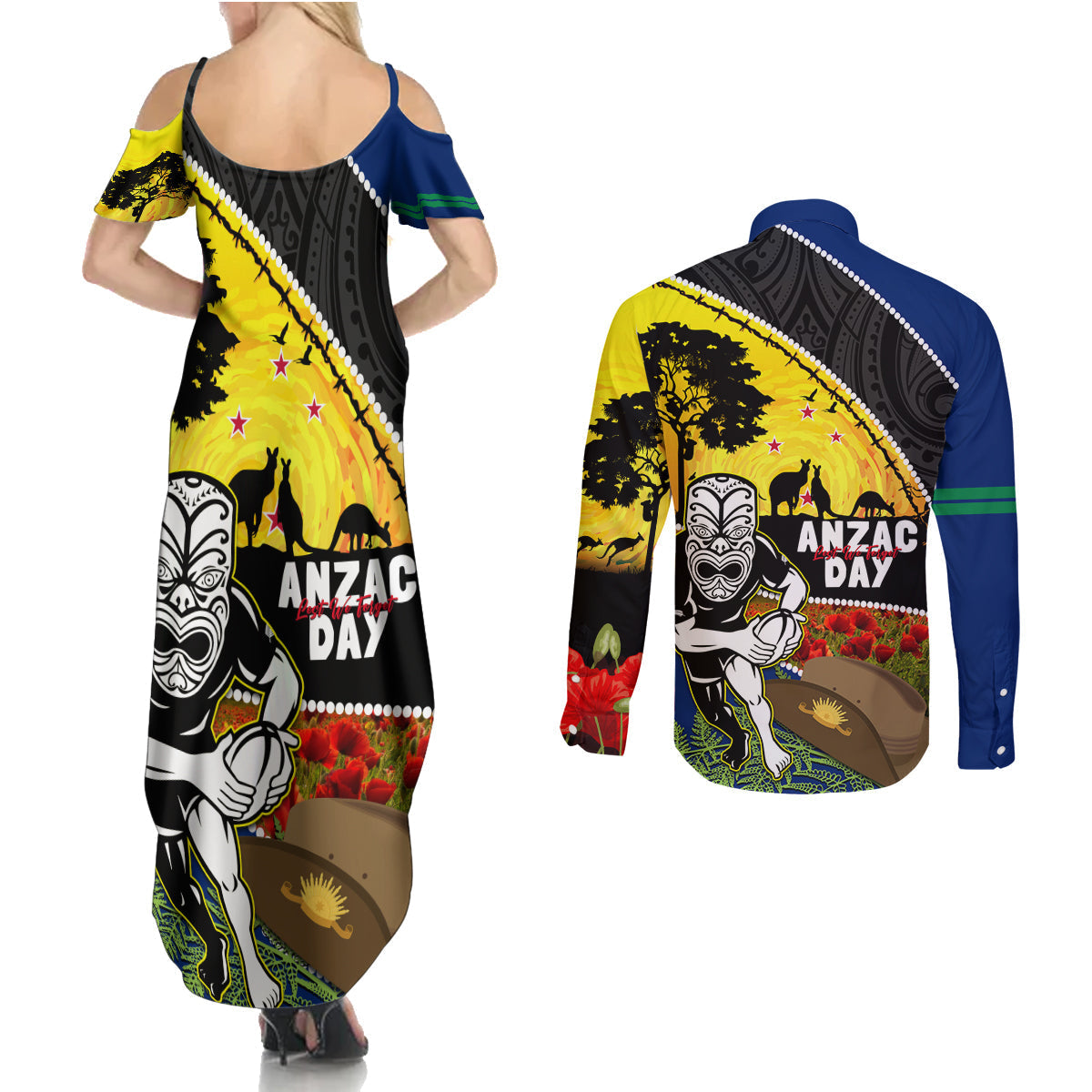 Warriors Rugby ANZAC Day Couples Matching Summer Maxi Dress and Long Sleeve Button Shirt New Zealand Wahs Tiki Mascot Rosemary Starry Night